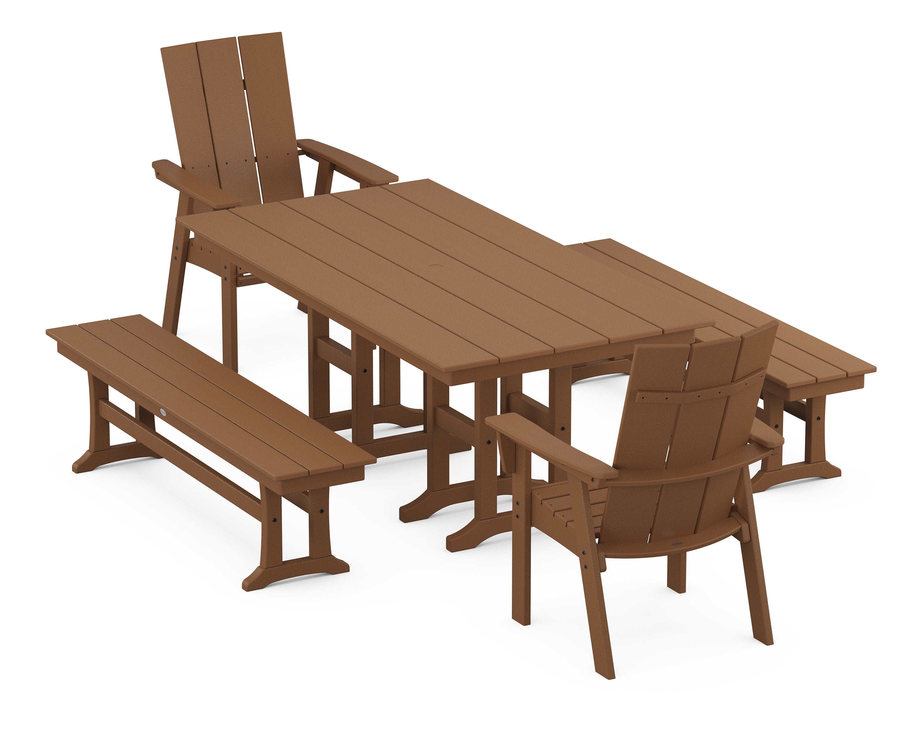 Modern Curveback Adirondack 5-Piece Farmhouse Dining Set with Benches in Teak