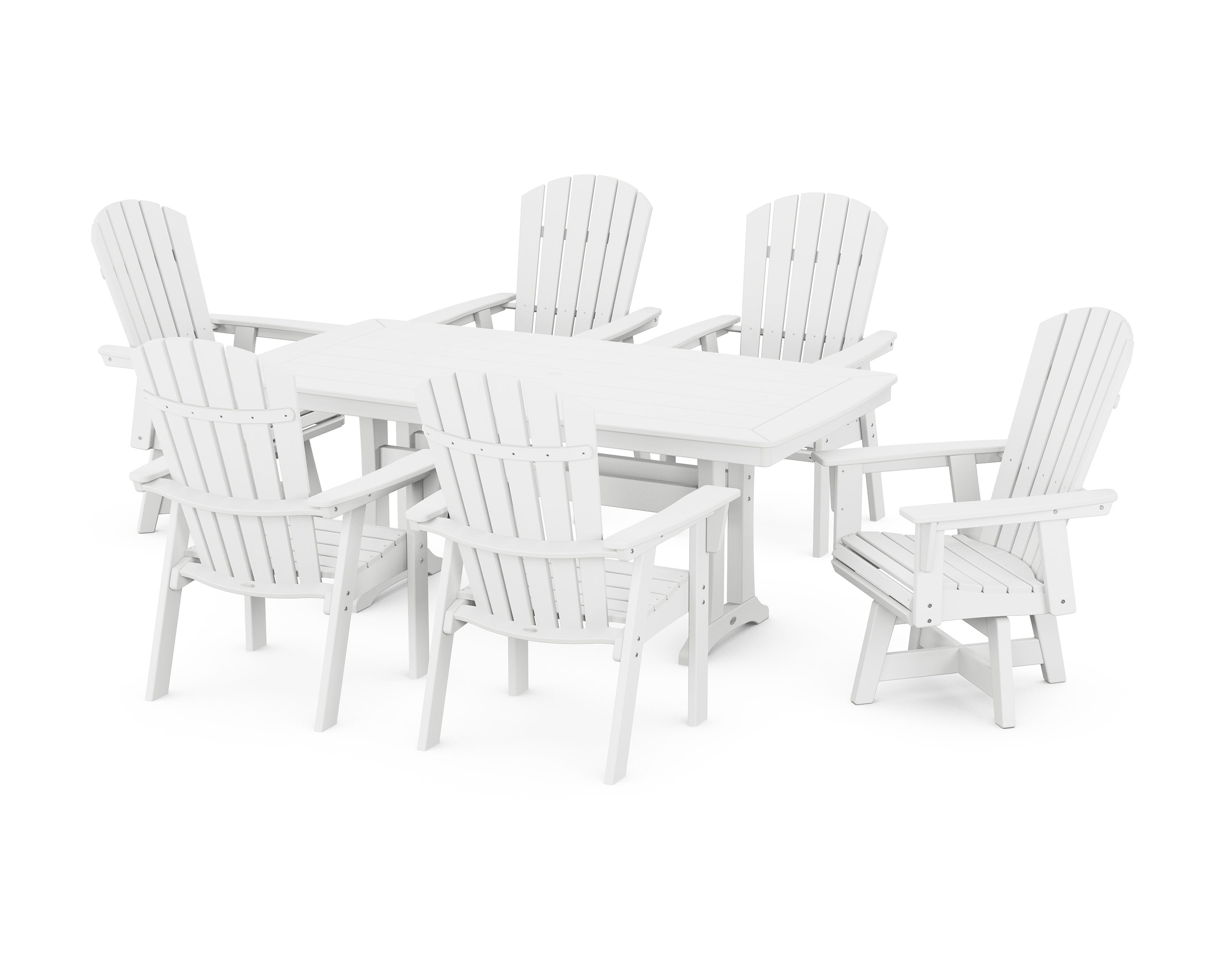 Nautical Curveback Adirondack Swivel Chair 7-Piece Dining Set with Trestle Legs in White