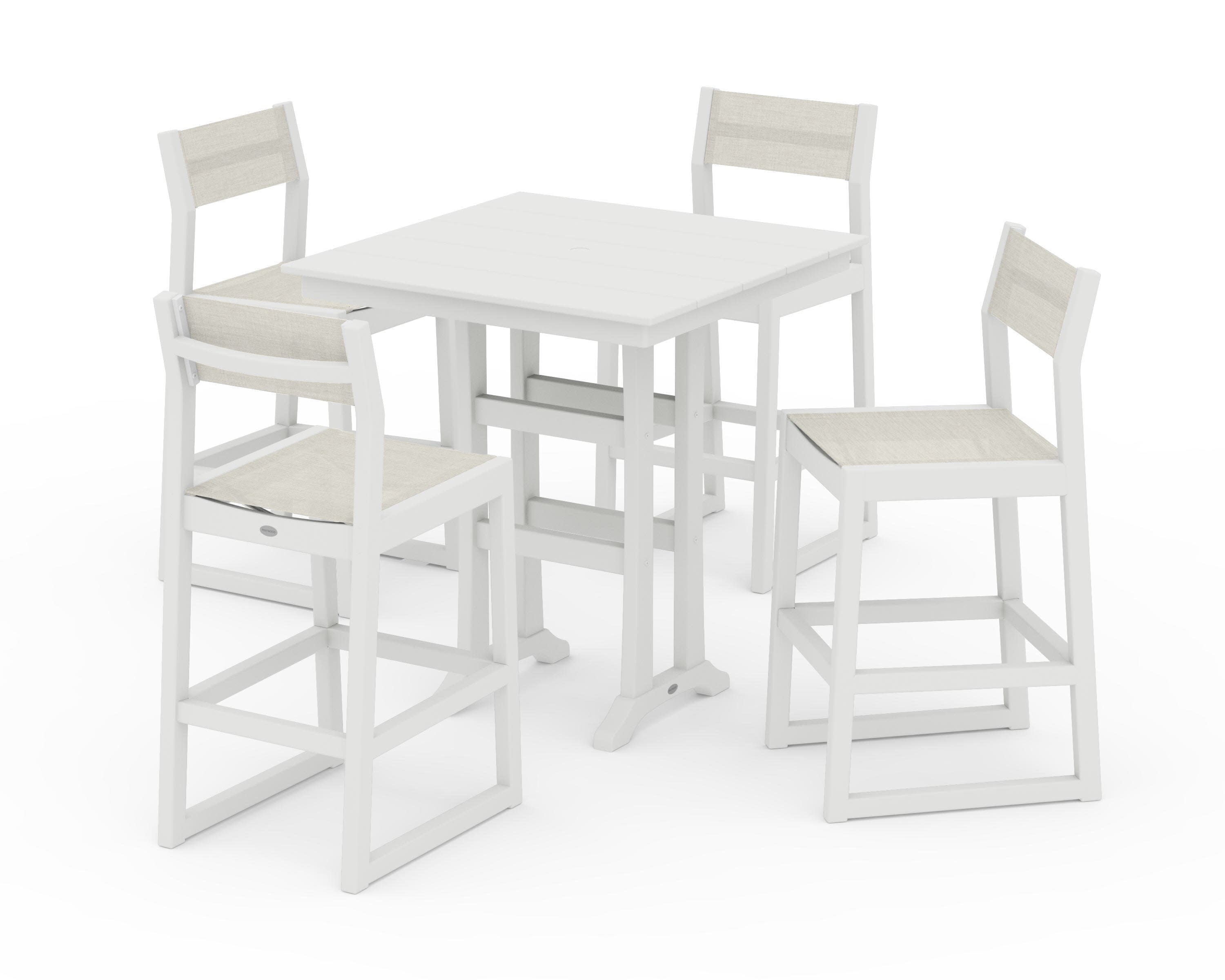 EDGE Sling Arm Chair 5-Piece Farmhouse Bar Set with Trestle Legs in Vintage White / Parchment Sling