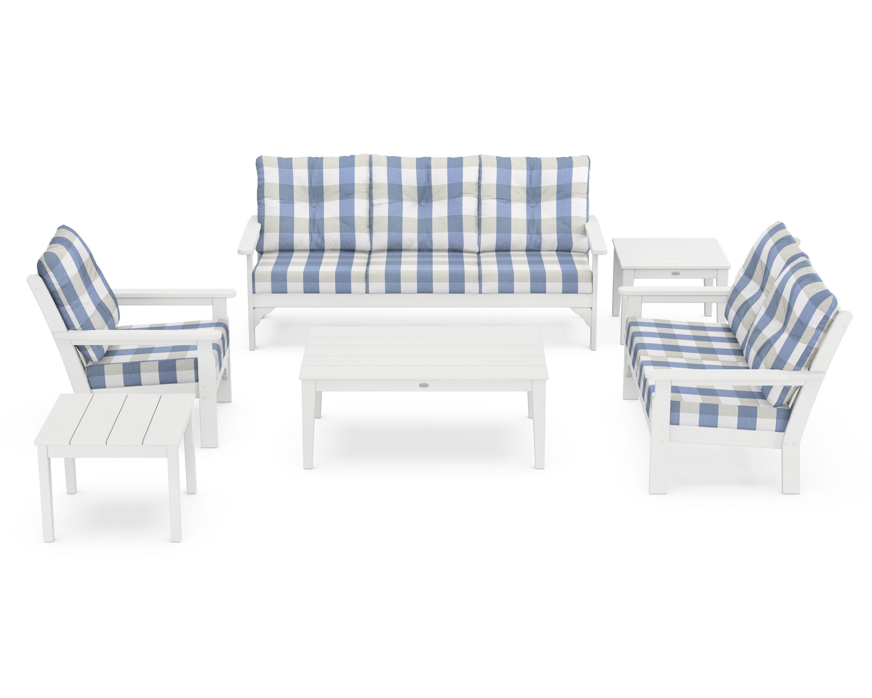 Vineyard 6-Piece Deep Seating Set in White / Buffalo Plaid Sky Blue