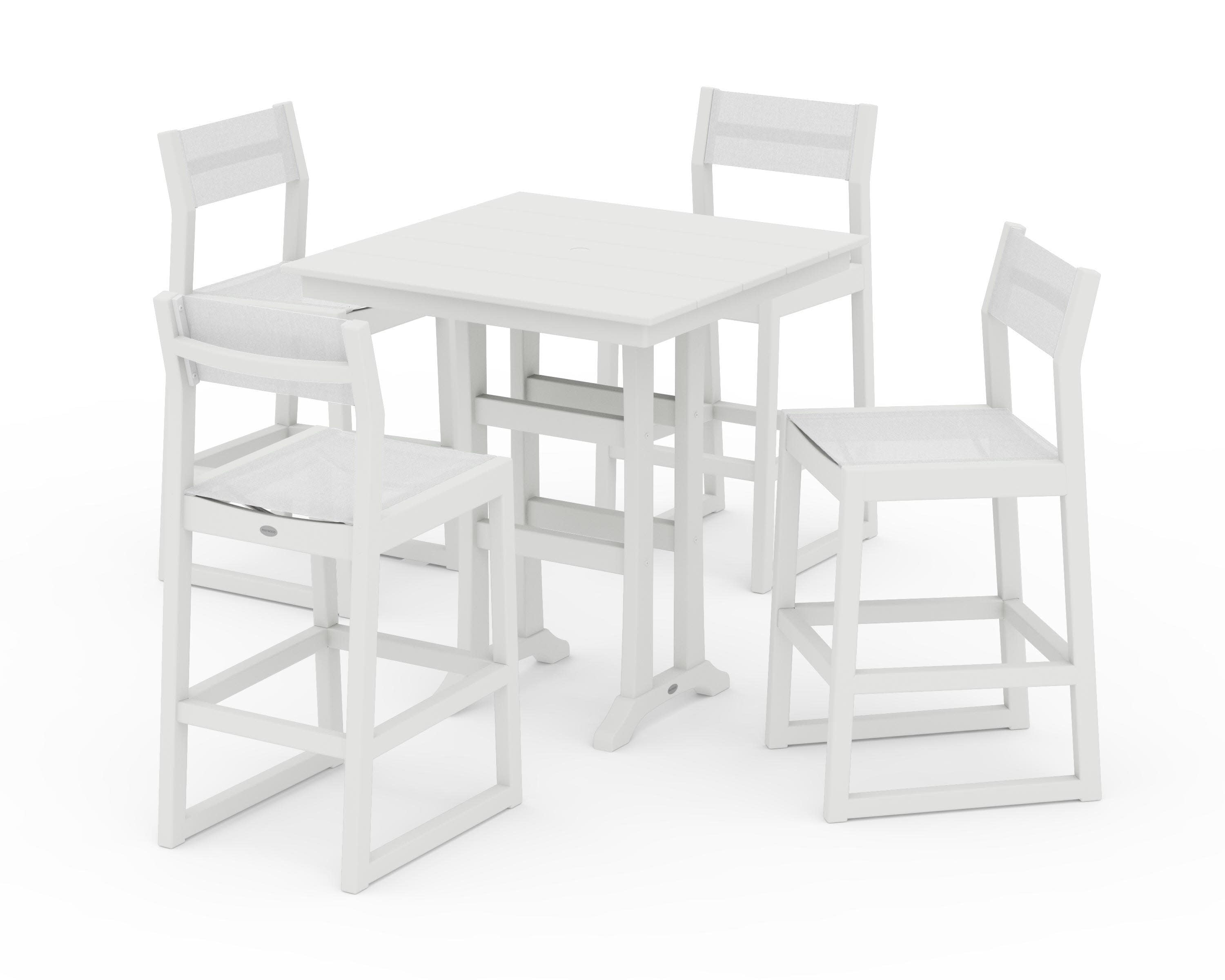 EDGE Sling Arm Chair 5-Piece Farmhouse Bar Set with Trestle Legs in Vintage White / White Sling