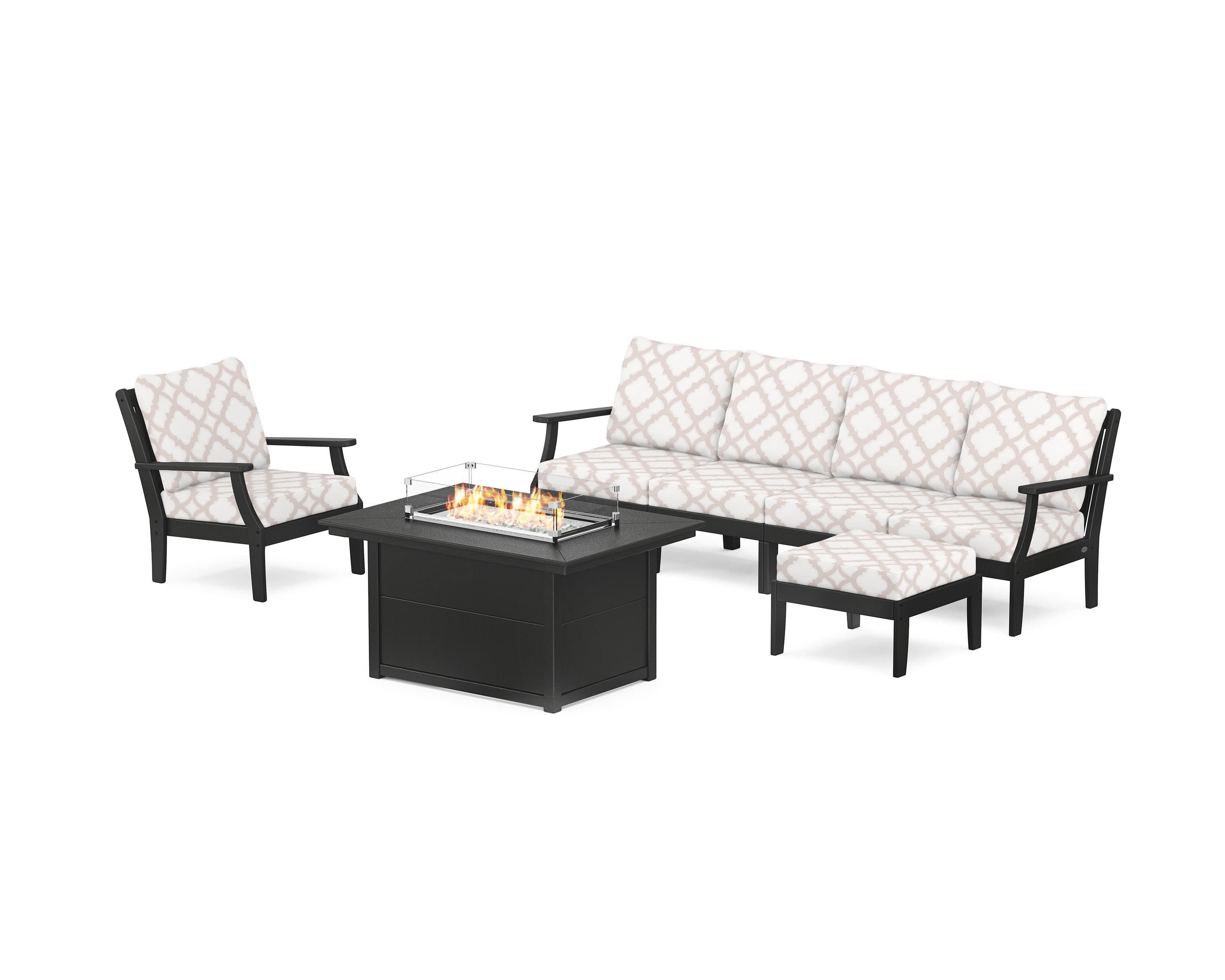 Braxton Sectional Lounge and Fire Pit Set in Black / Trellis Dune Burlap