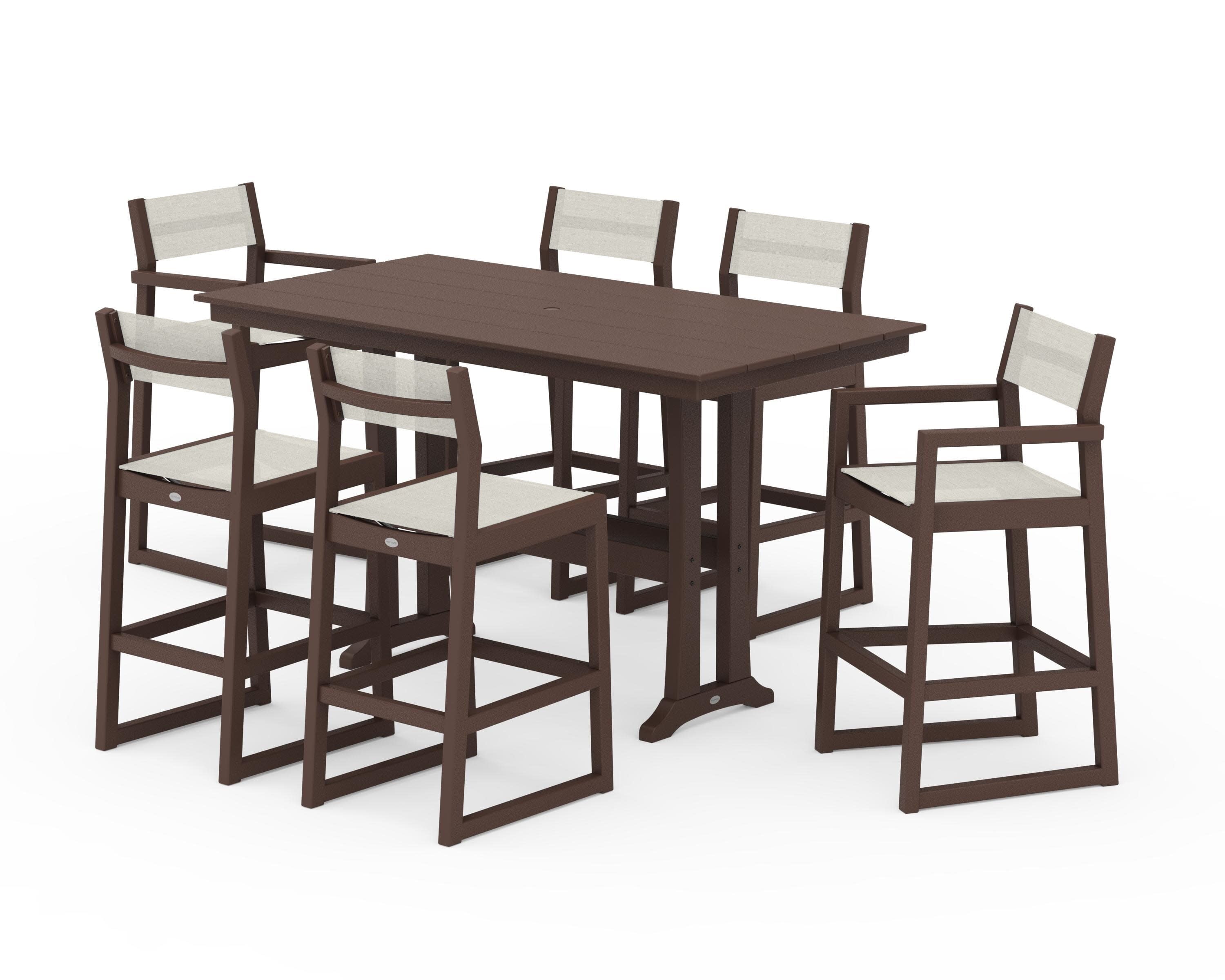 EDGE Sling 7-Piece Farmhouse Bar Set with Trestle Legs in Mahogany / Parchment Sling