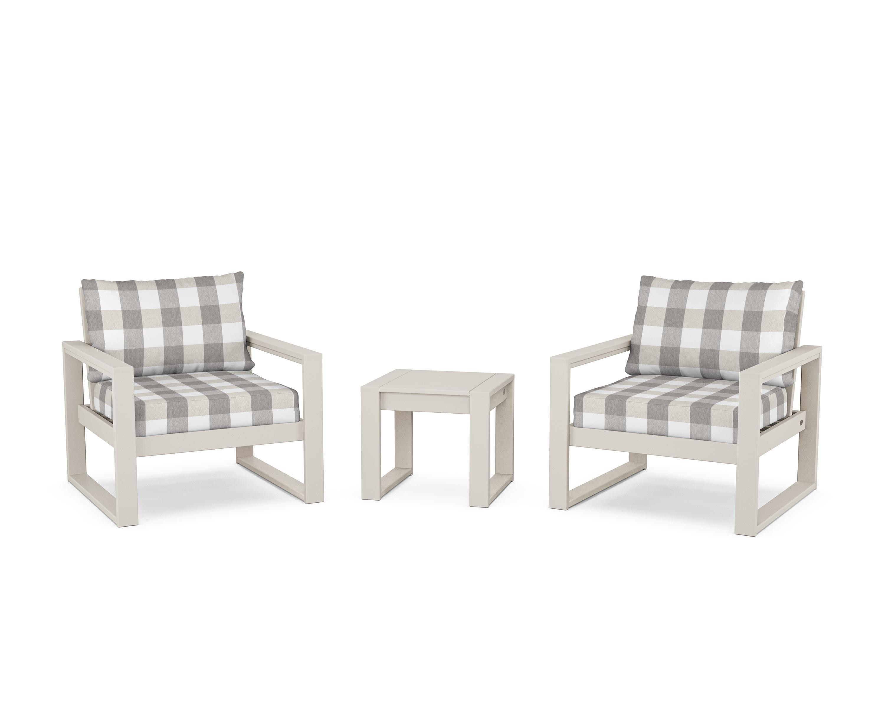 EDGE Sectional 3-Piece Deep Seating Set in Sand / Buffalo Plaid Grey Mist