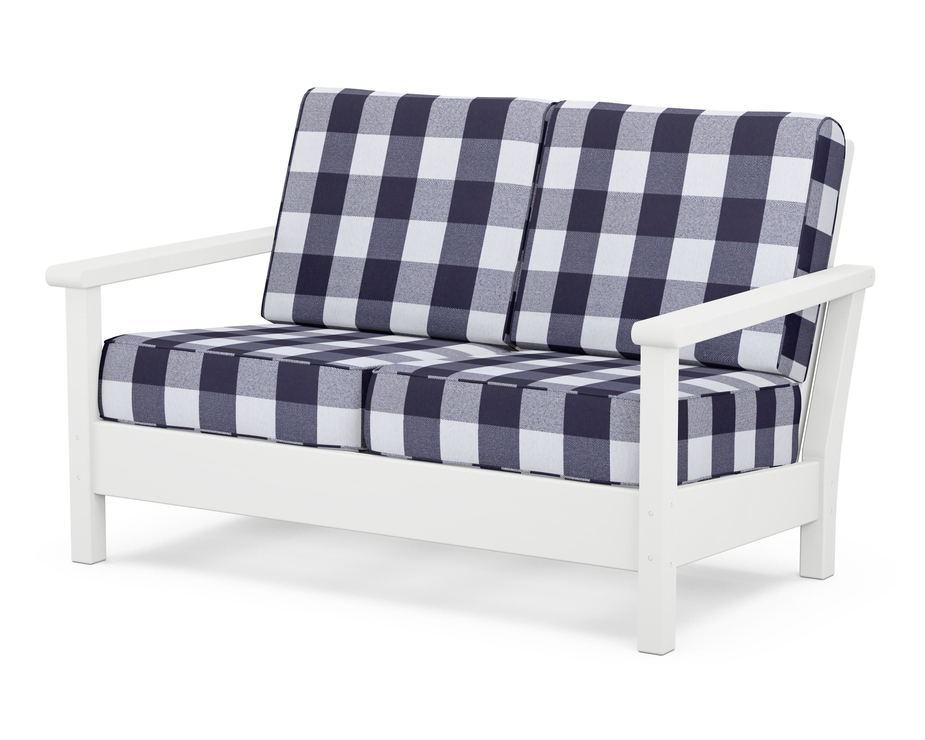 Harbour Deep Seating Loveseat in White / Buffalo Plaid Navy