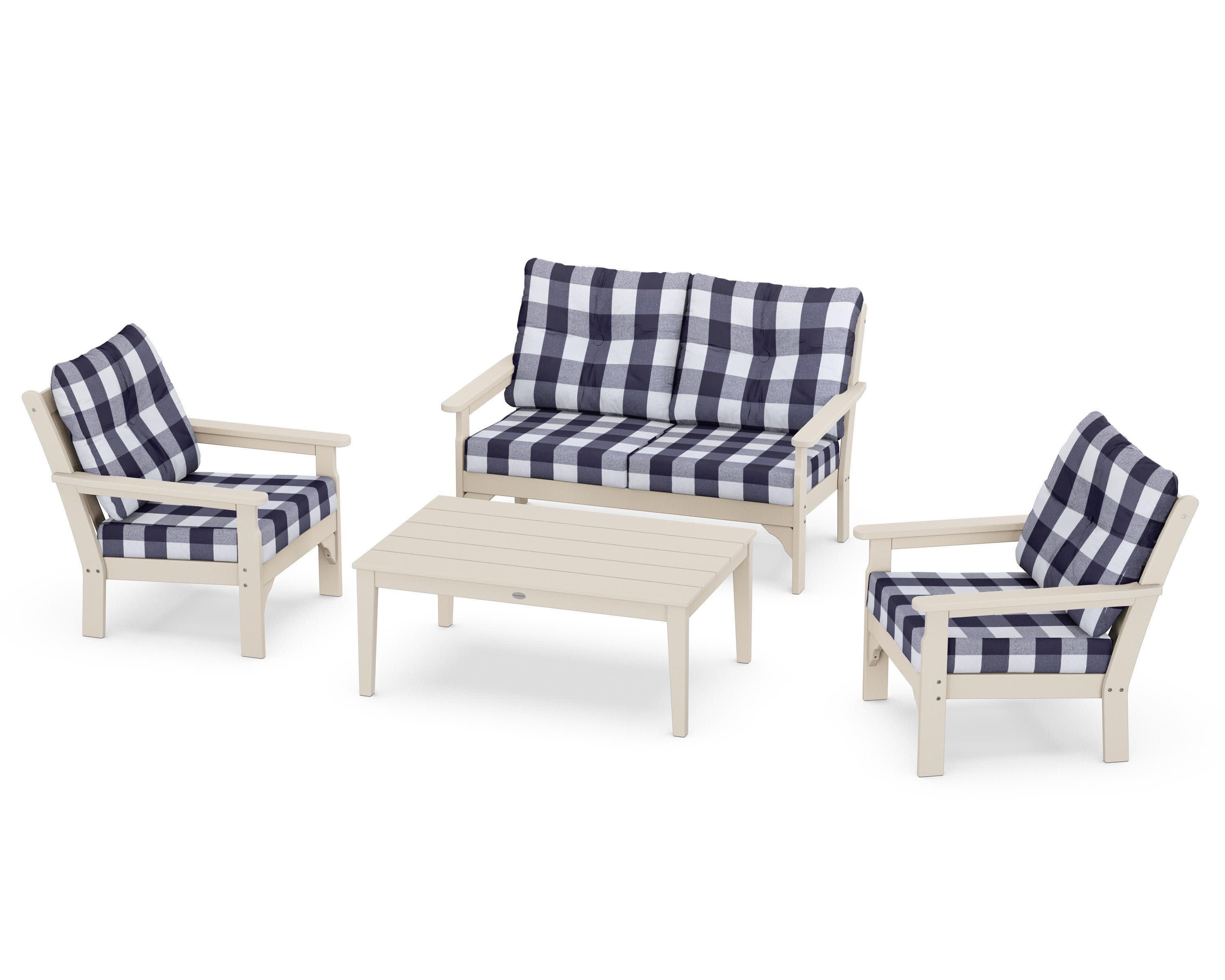 Vineyard 4-Piece Deep Seating Set in Sand / Buffalo Plaid Navy