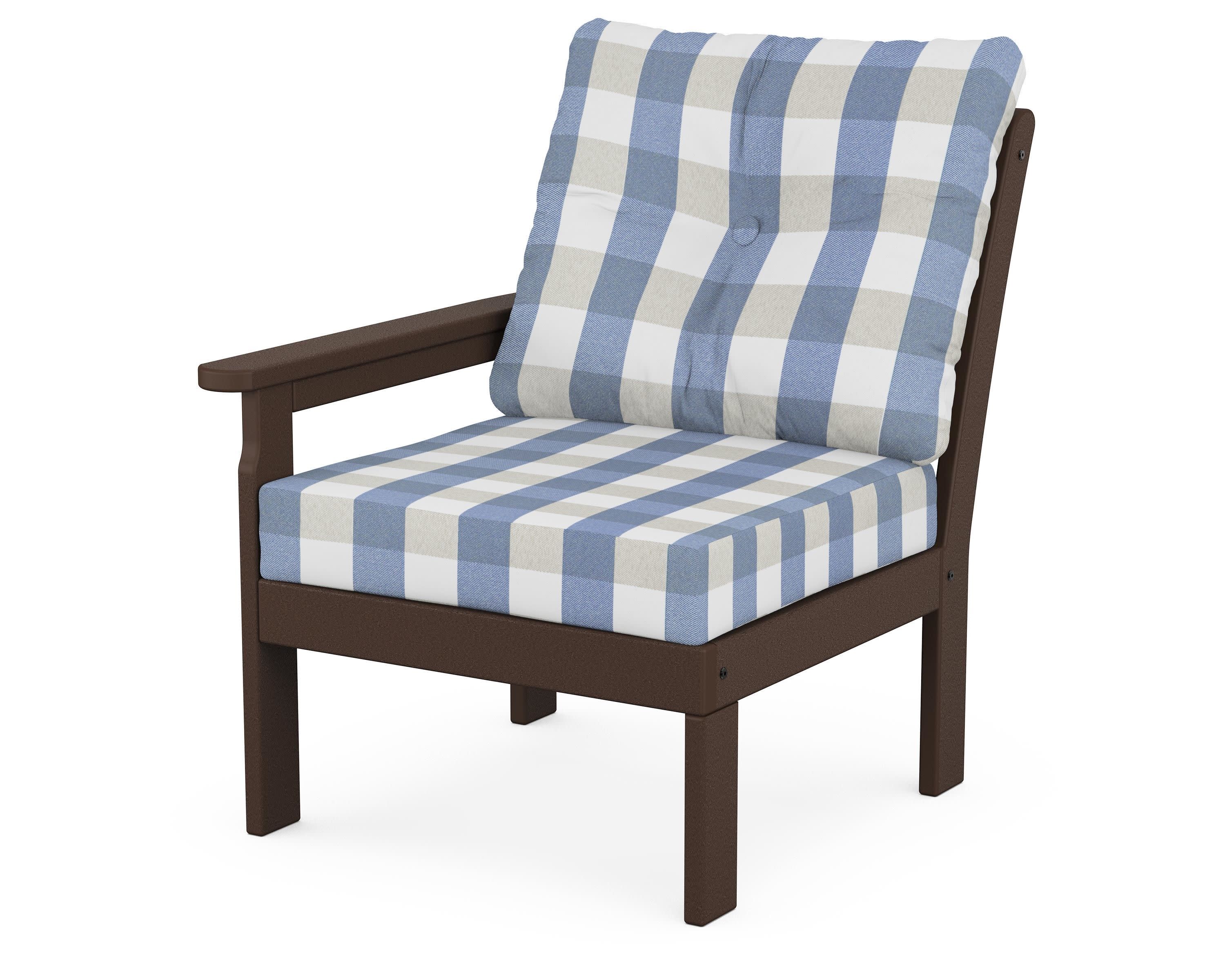 Vineyard Modular Left Arm Chair in Mahogany / Buffalo Plaid Sky Blue