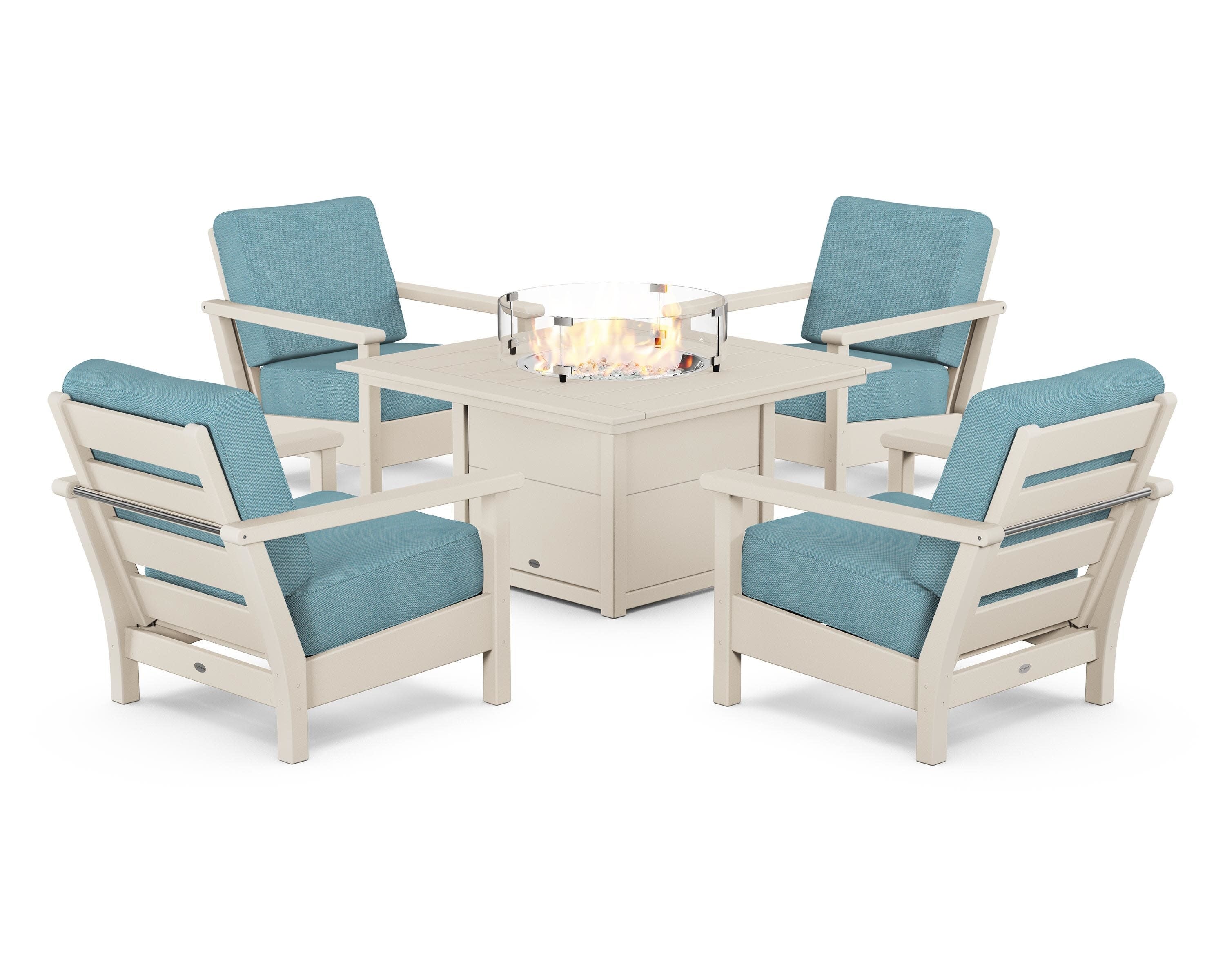 Harbour 5-Piece Conversation Set with Fire Pit Table in Sand / Lattice Sky Blue
