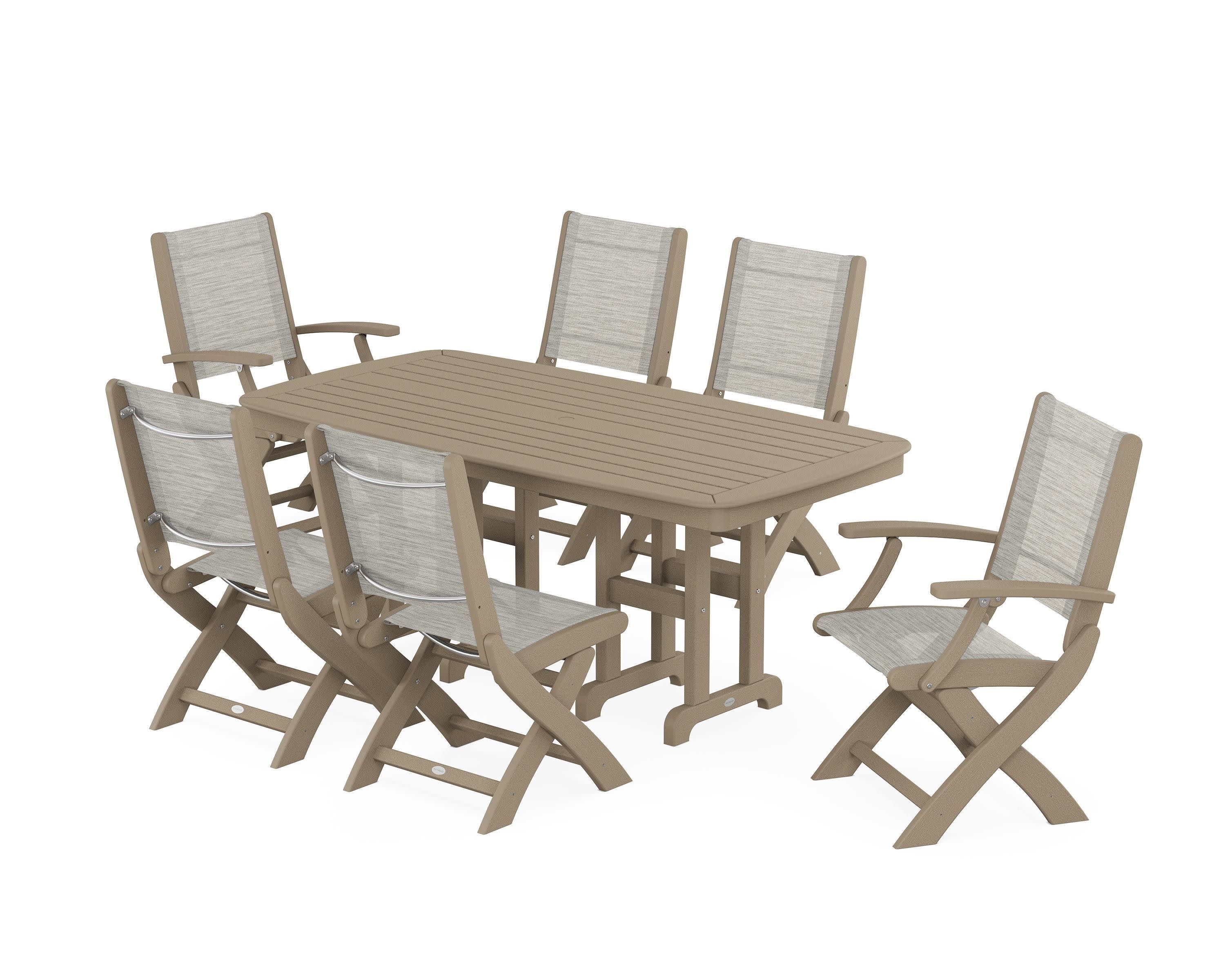 Coastal Folding Chair 7-Piece Dining Set in Vintage Sahara / Birch Sling