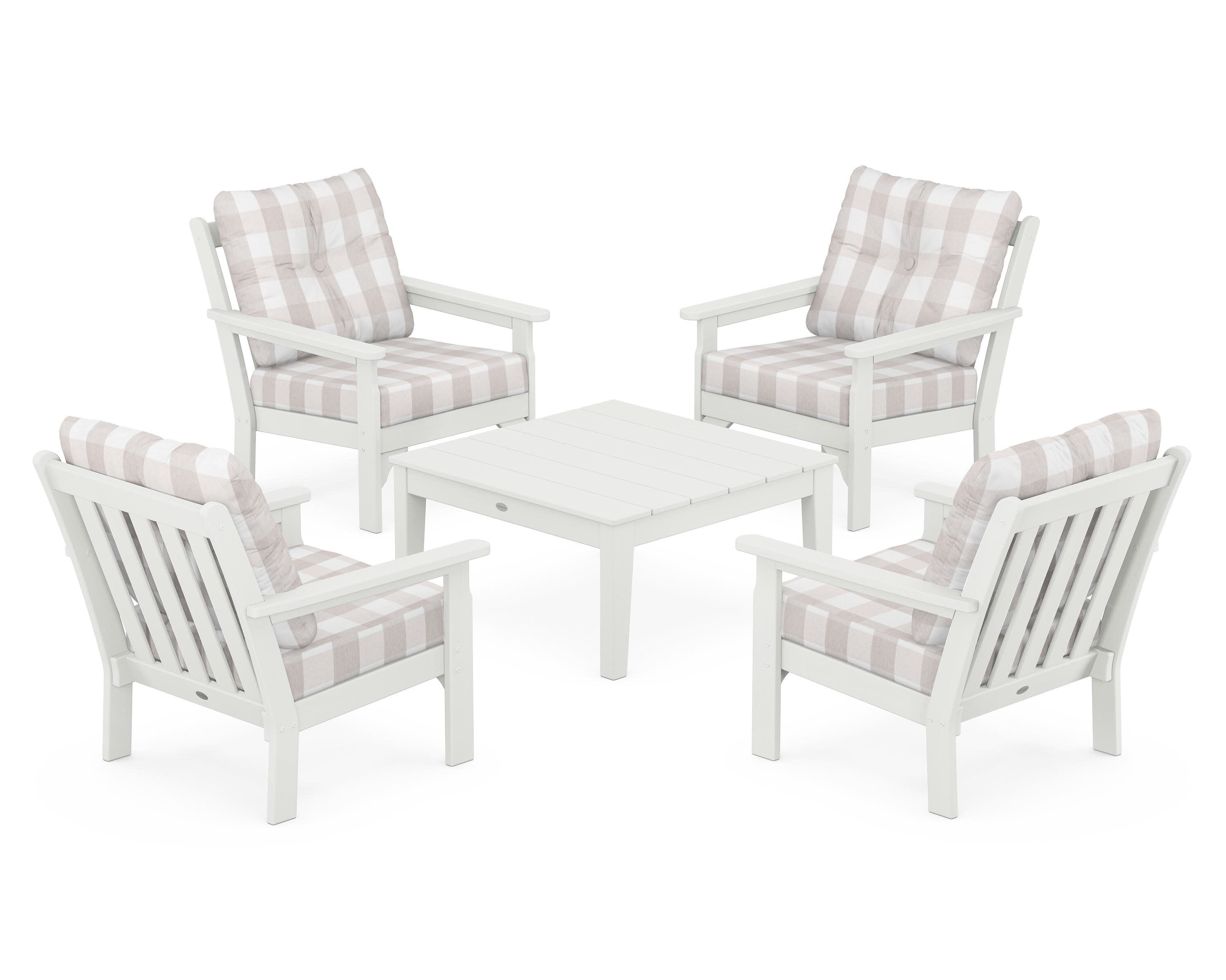 Vineyard 5-Piece Deep Seating Conversation Set in Vintage White / Buffalo Plaid Dune Burlap