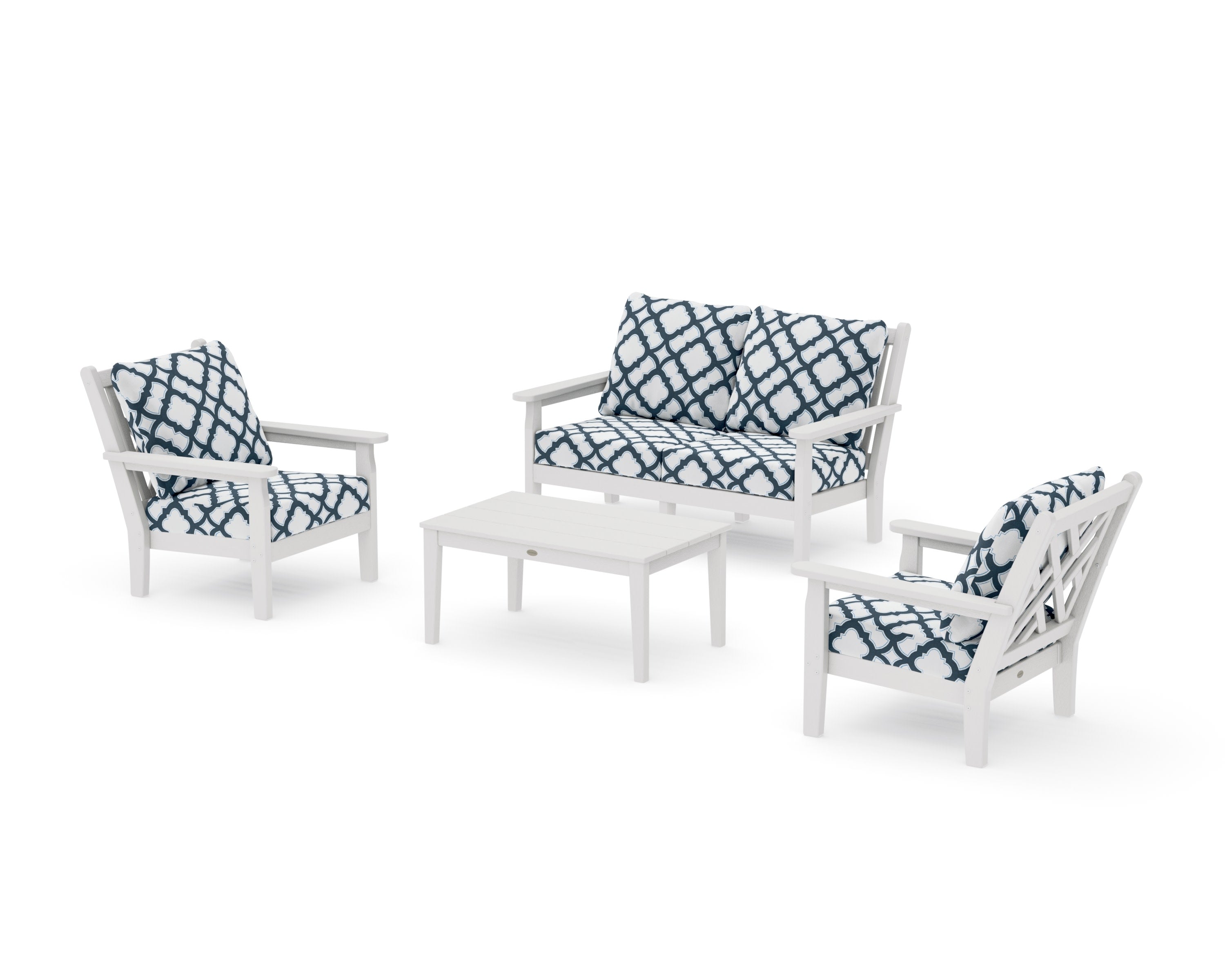 Chippendale 4-Piece Deep Seating Set with Loveseat in Vintage White / Trellis Marine Indigo