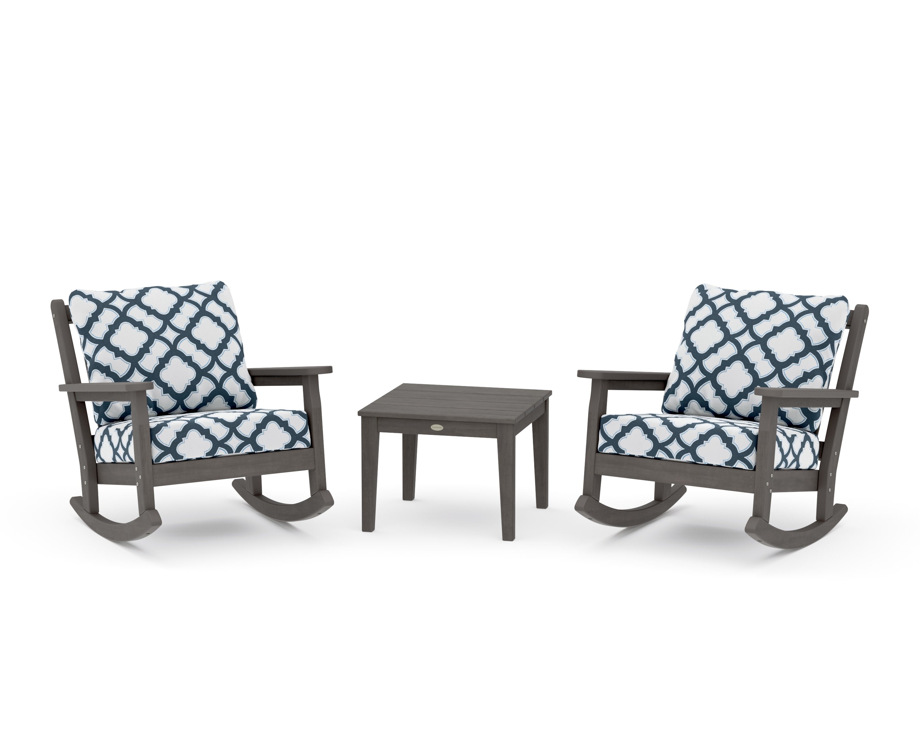 Chippendale 3-Piece Deep Seating Rocker Set in Driftwood / Trellis Marine Indigo