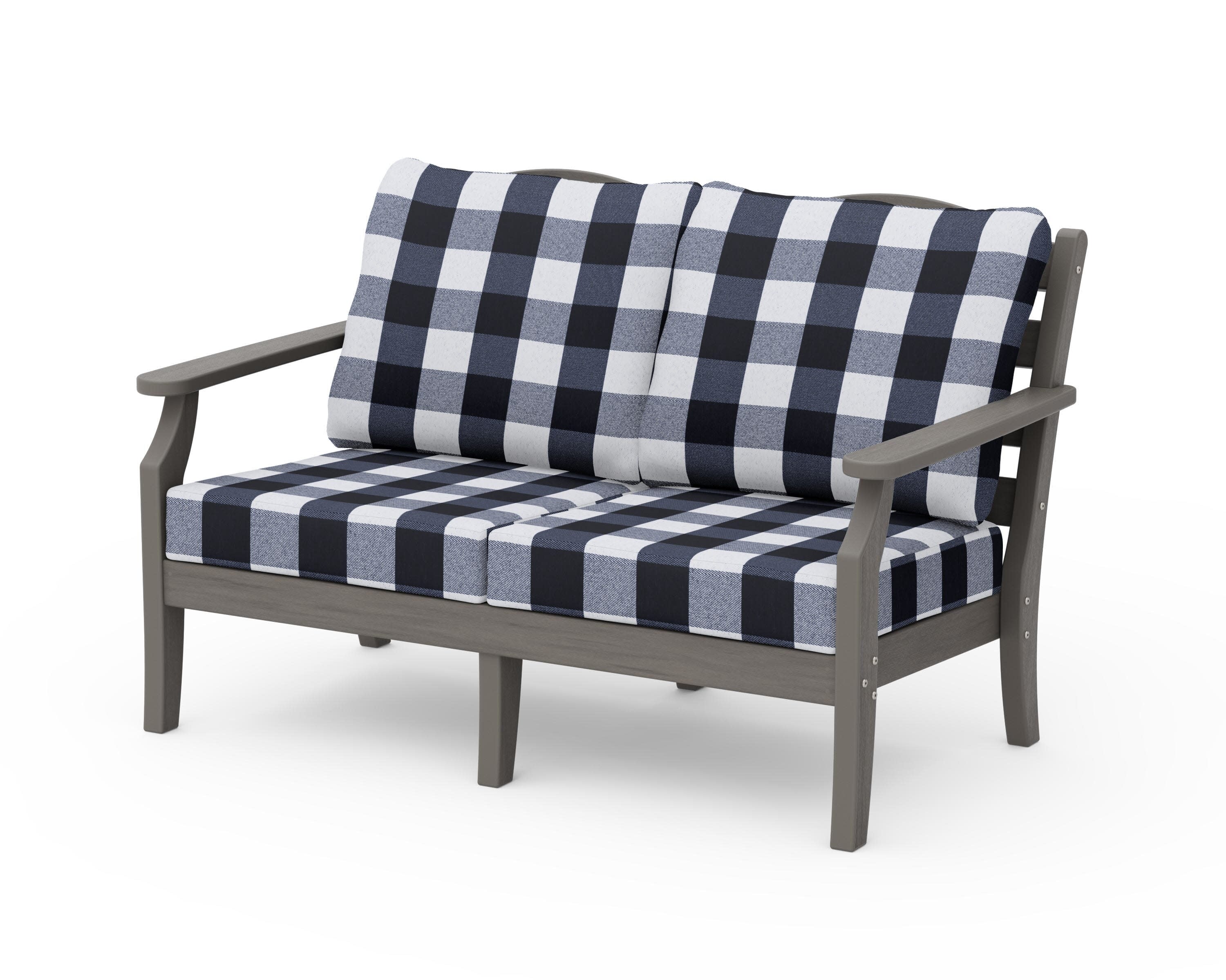 Savannah Deep Seating Loveseat in Driftwood / Buffalo Plaid Marine Indigo