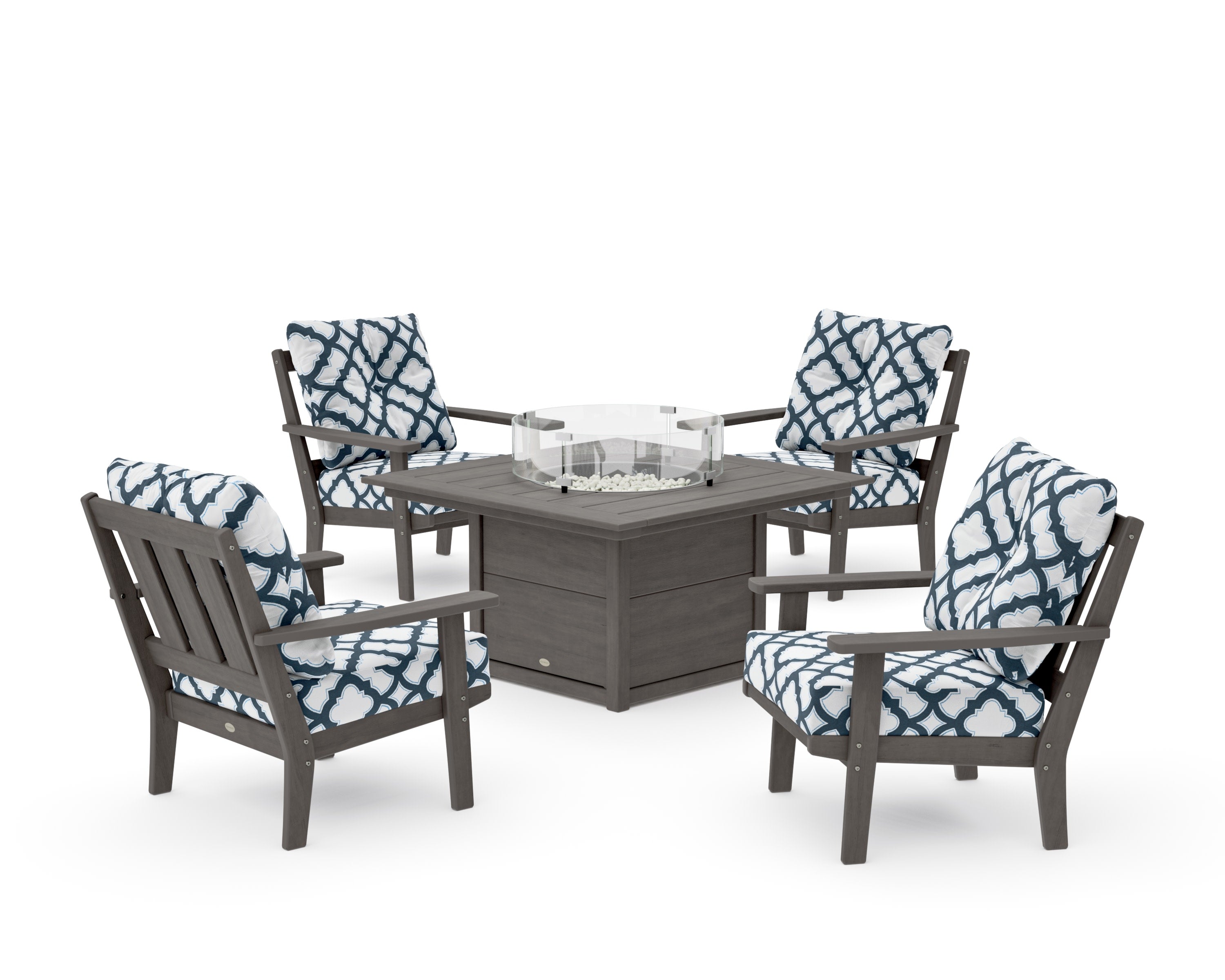 Oxford 5-Piece Deep Seating Set with Fire Pit Table in Driftwood / Trellis Marine Indigo
