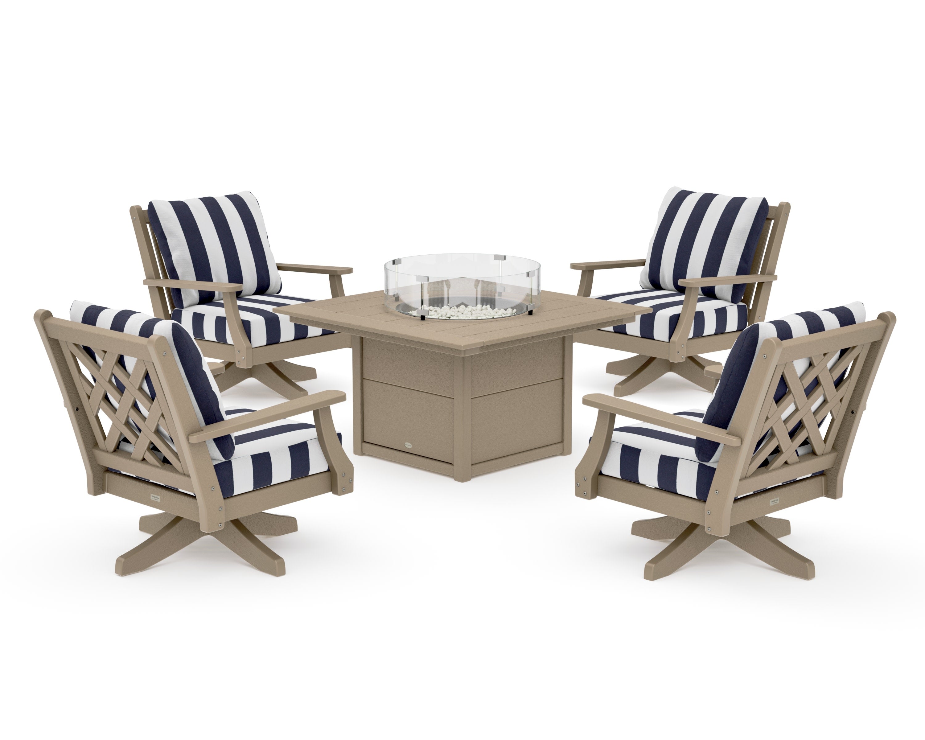 Wovendale 5-Piece Deep Seating Swivel Conversation Set with Fire Pit Table in Vintage Sahara / Cabana Stripe Navy