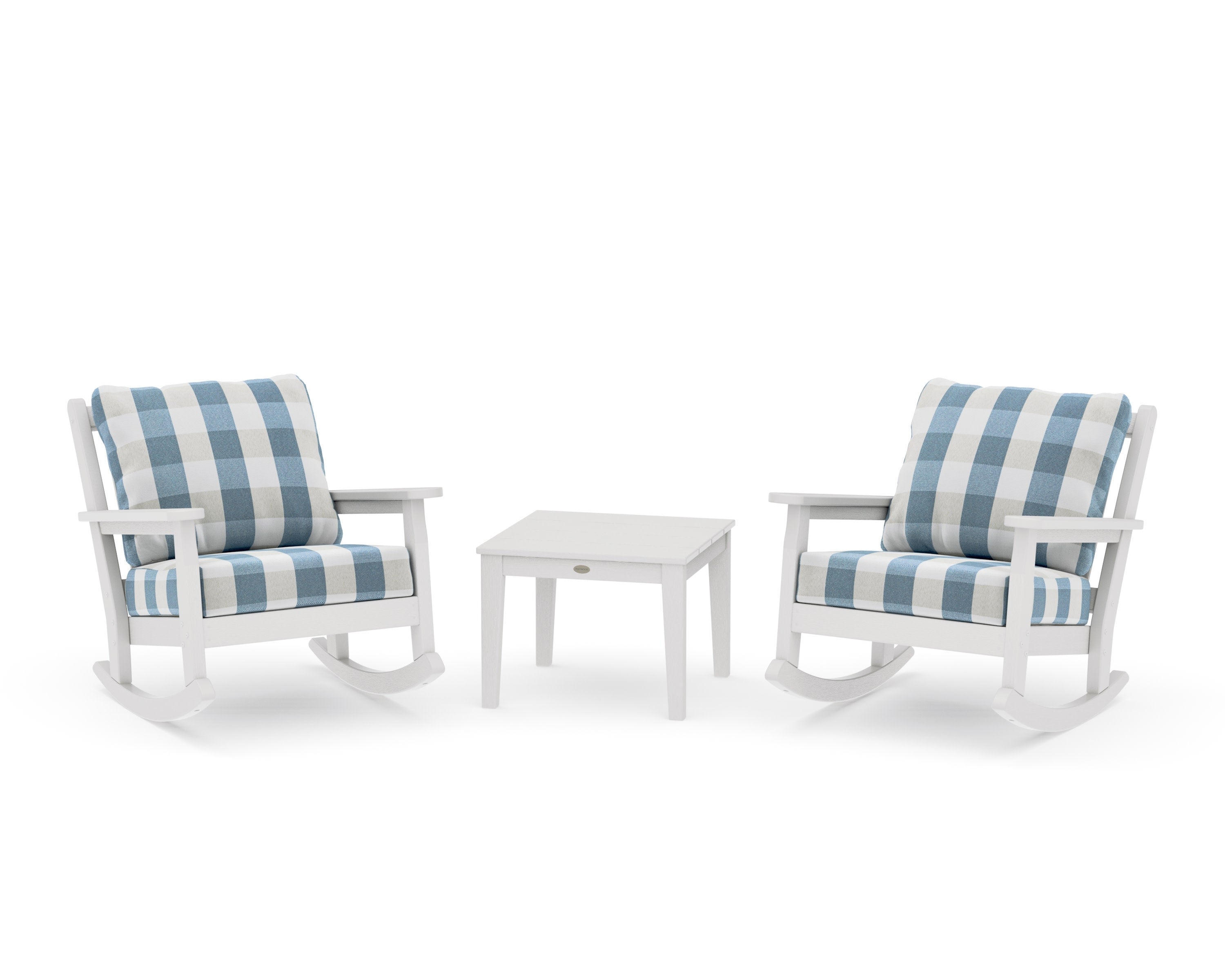 Chippendale 3-Piece Deep Seating Rocker Set in Vintage White / Buffalo Plaid Sky Blue