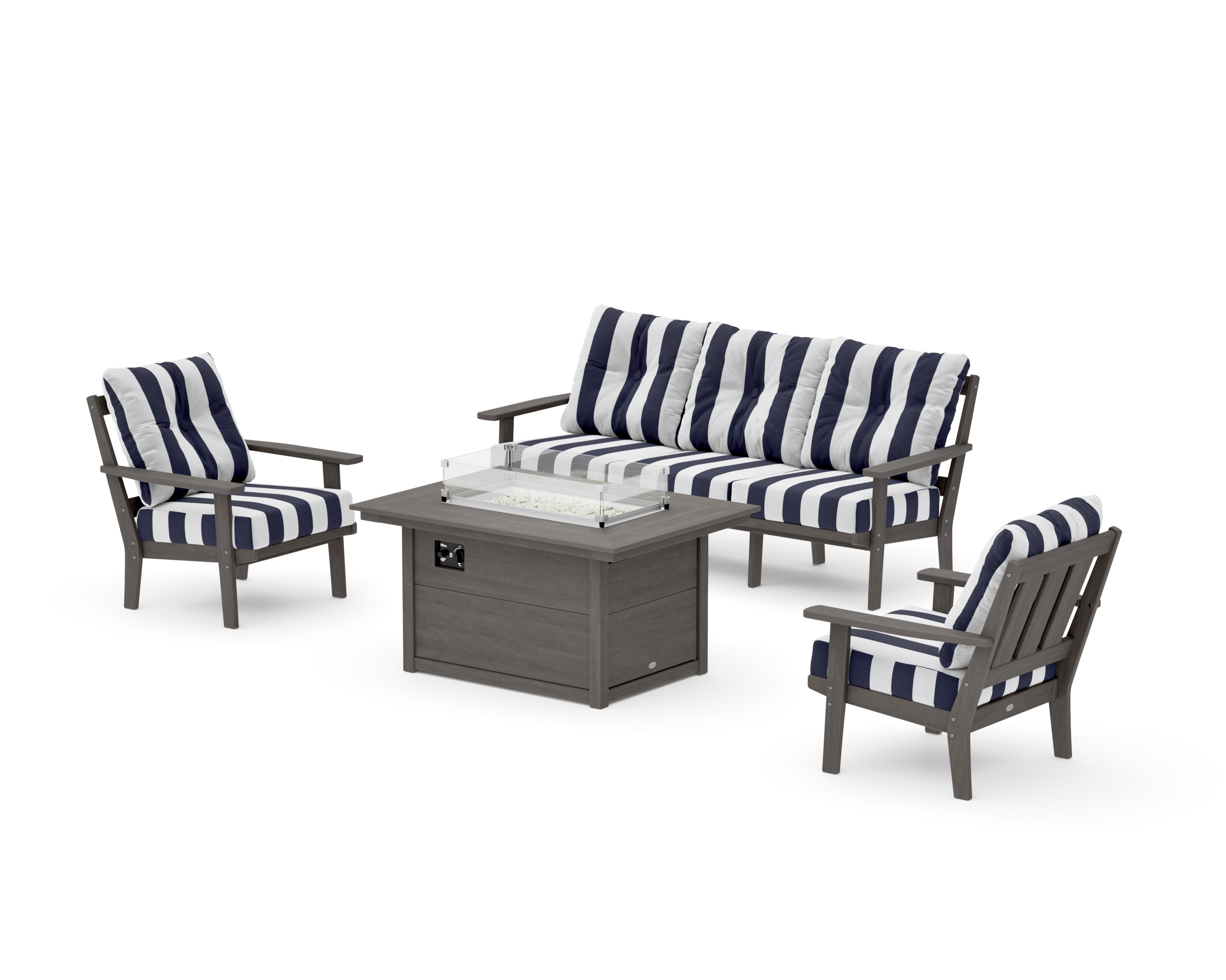 Oxford Deep Seating Fire Pit Table Set in Driftwood / Cabana Stripe Navy