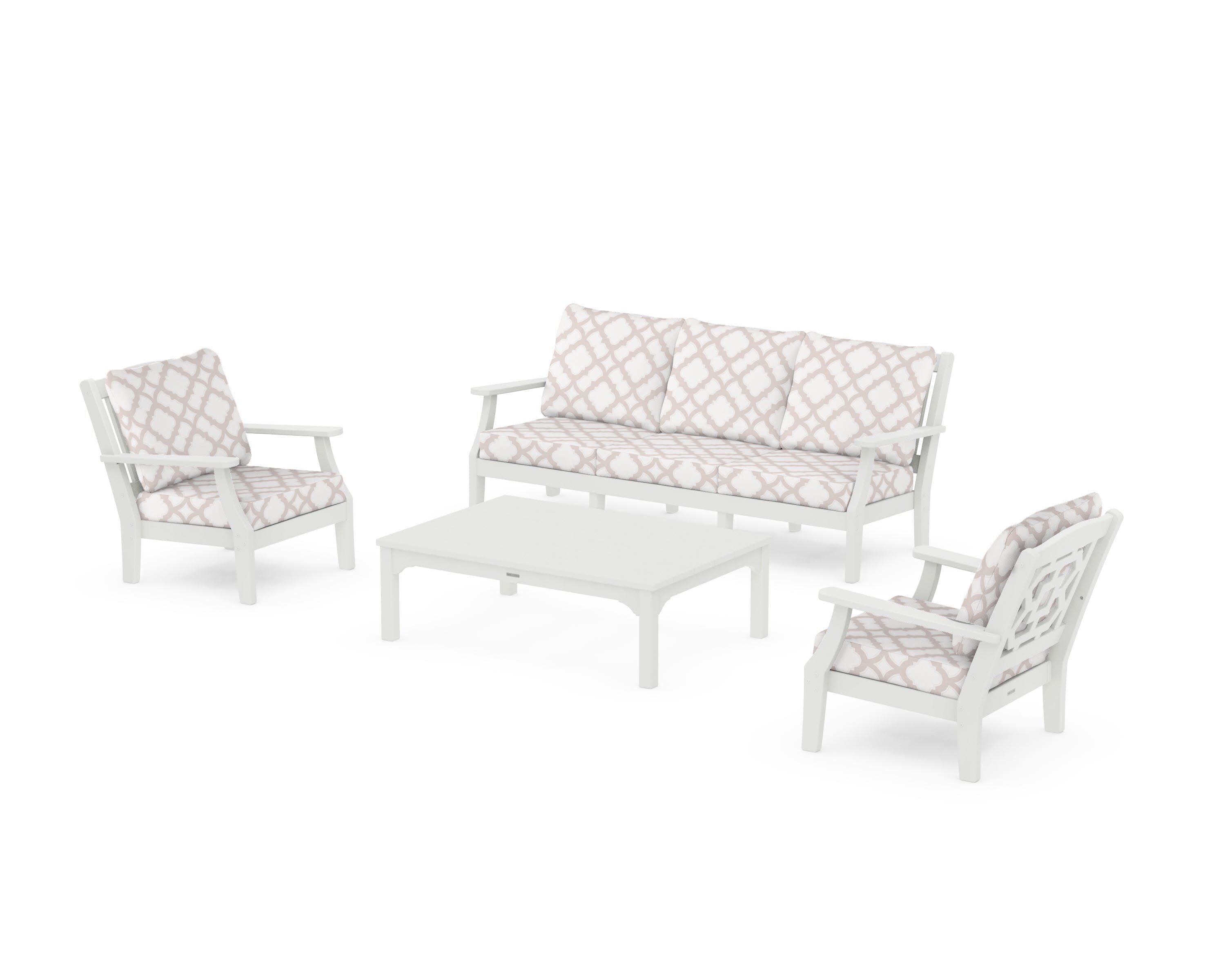 Chinoiserie 4-Piece Deep Seating Set with Sofa in Vintage White / Trellis Dune Burlap