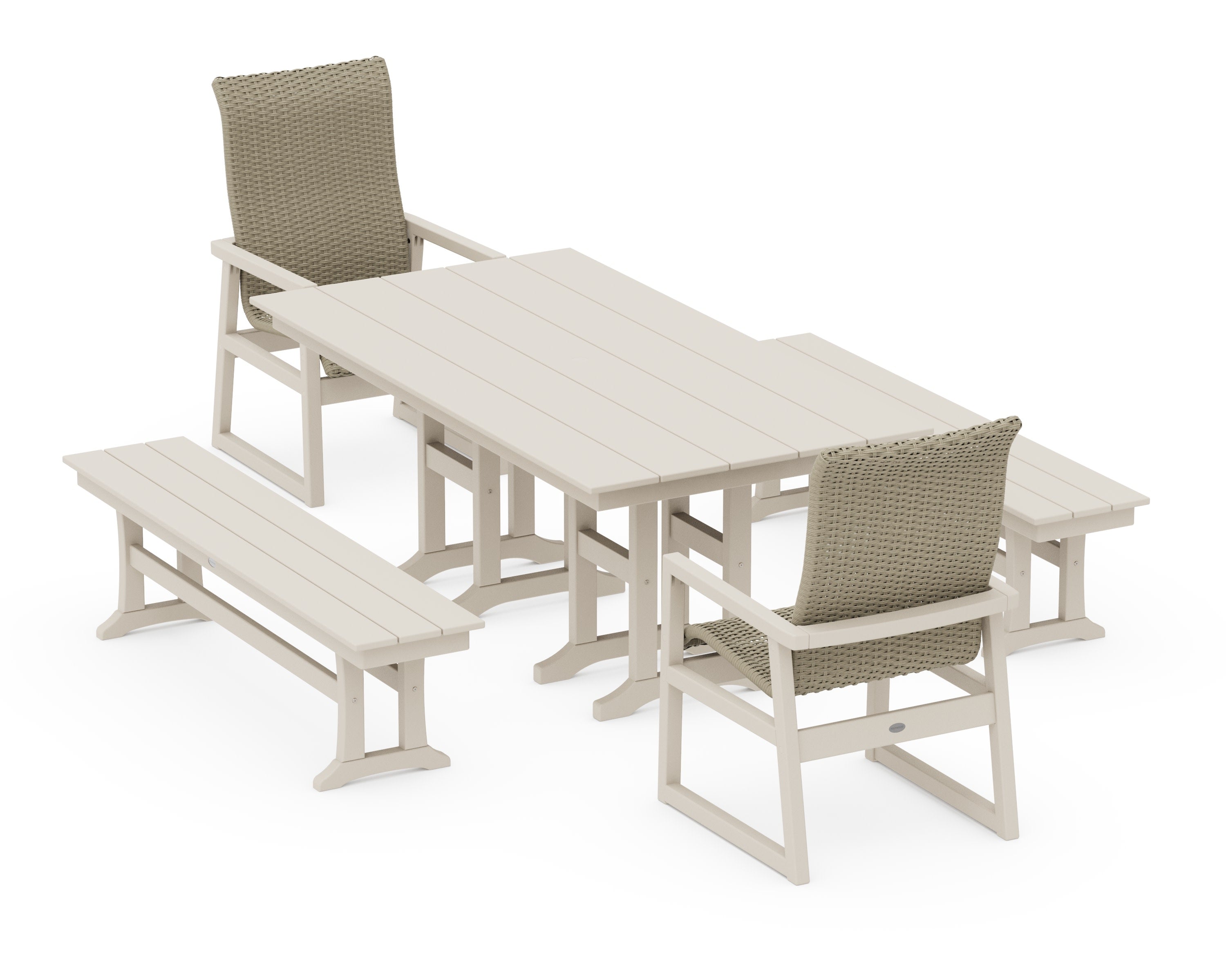 EDGE Woven Highback 5-Piece Farmhouse Dining Set with Benches in Sand / Dune Grass