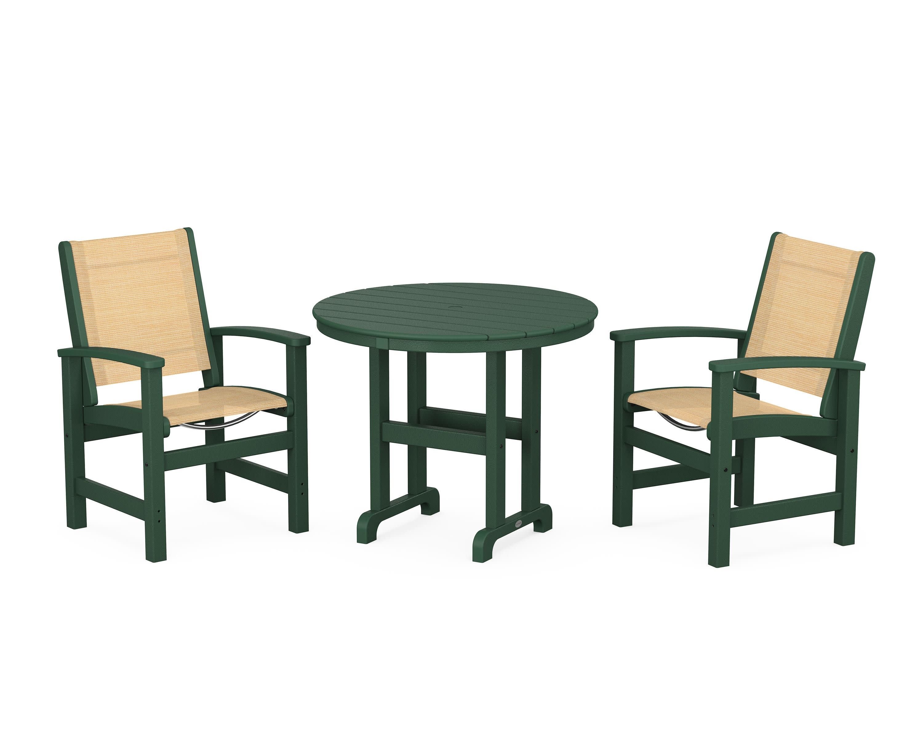Coastal 3-Piece Round Dining Set in Green / Dupioni Apricot Sling
