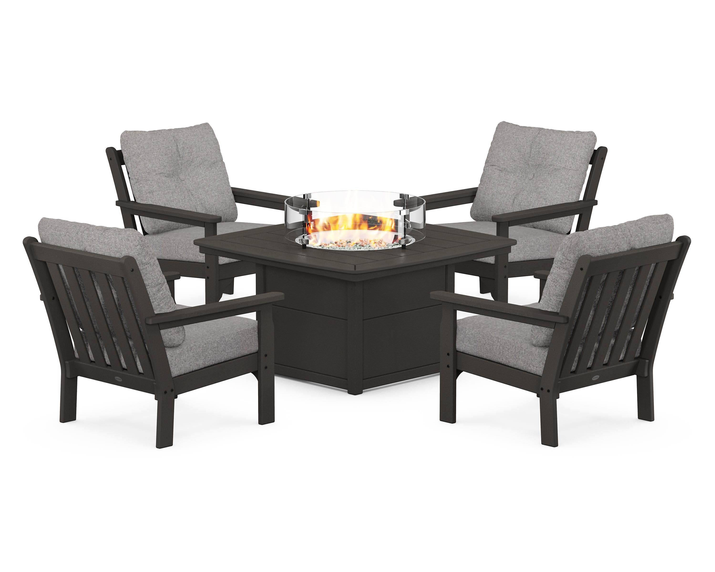 Vineyard 5-Piece Conversation Set with Fire Pit Table in Vintage Coffee / Grey Mist