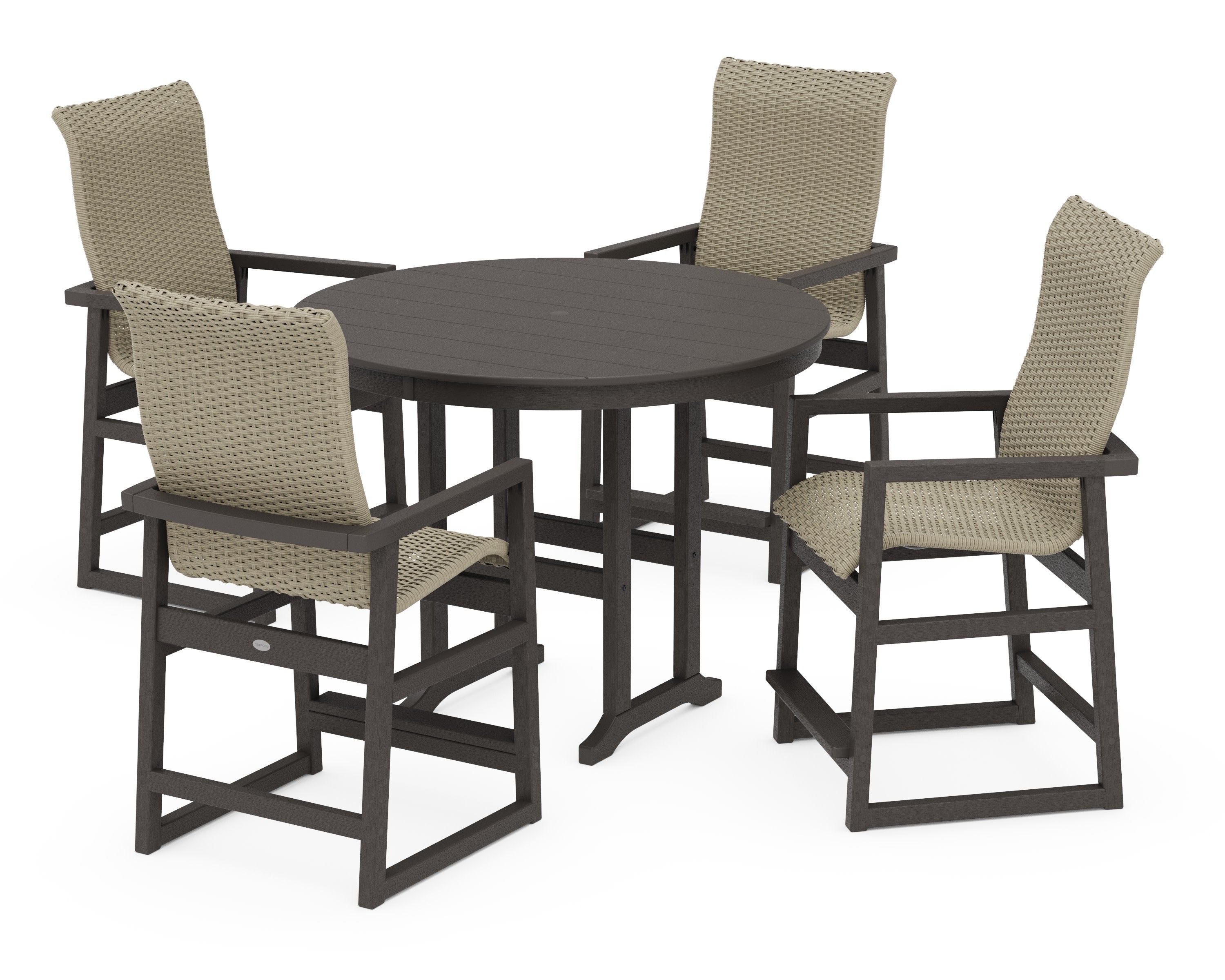 EDGE Woven Highback 5-Piece Round Farmhouse Counter Set in Vintage Coffee / Dune Grass