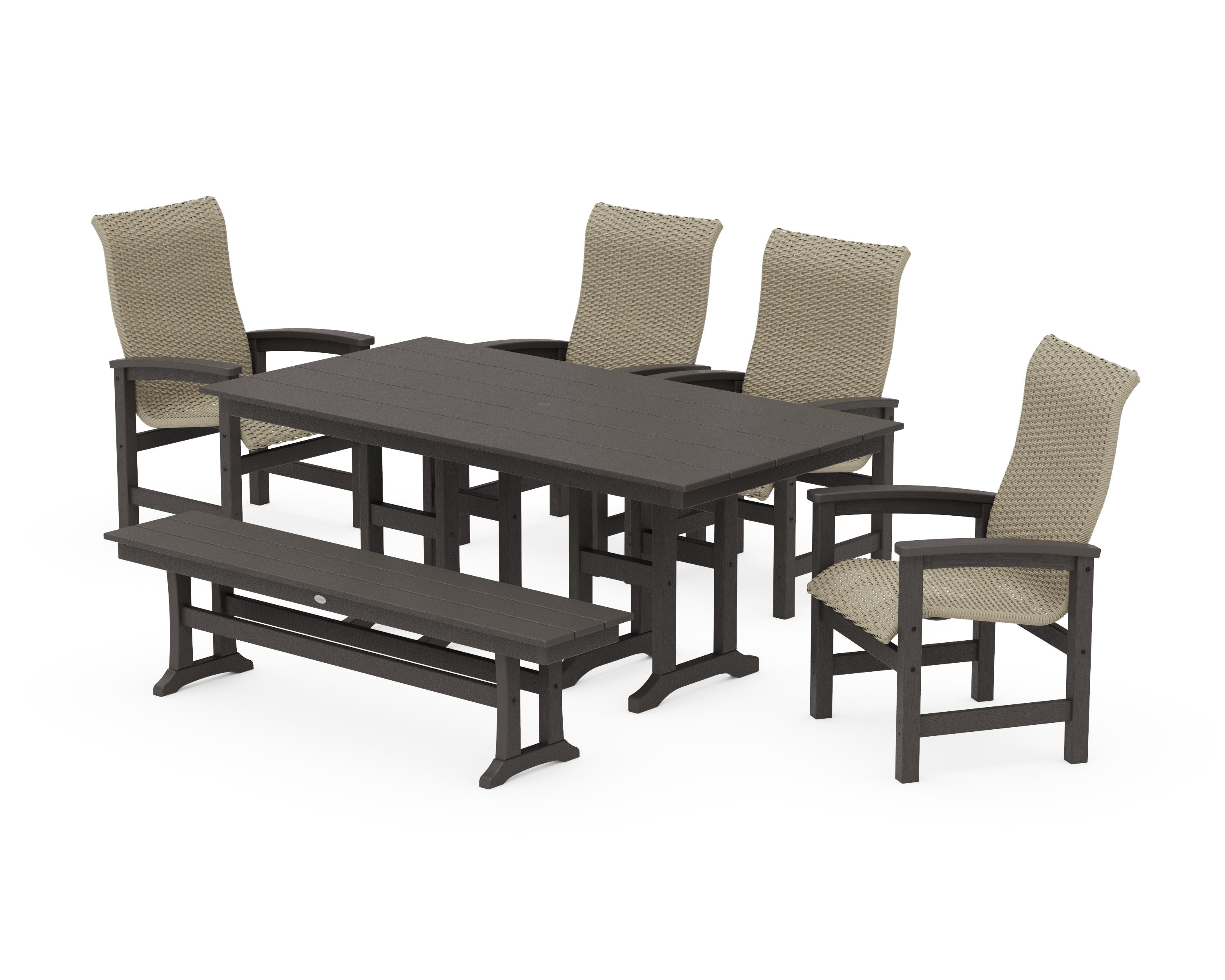 Coastal Woven High-Back 6-Piece Farmhouse Dining Set with Bench in Vintage Coffee / Dune Grass