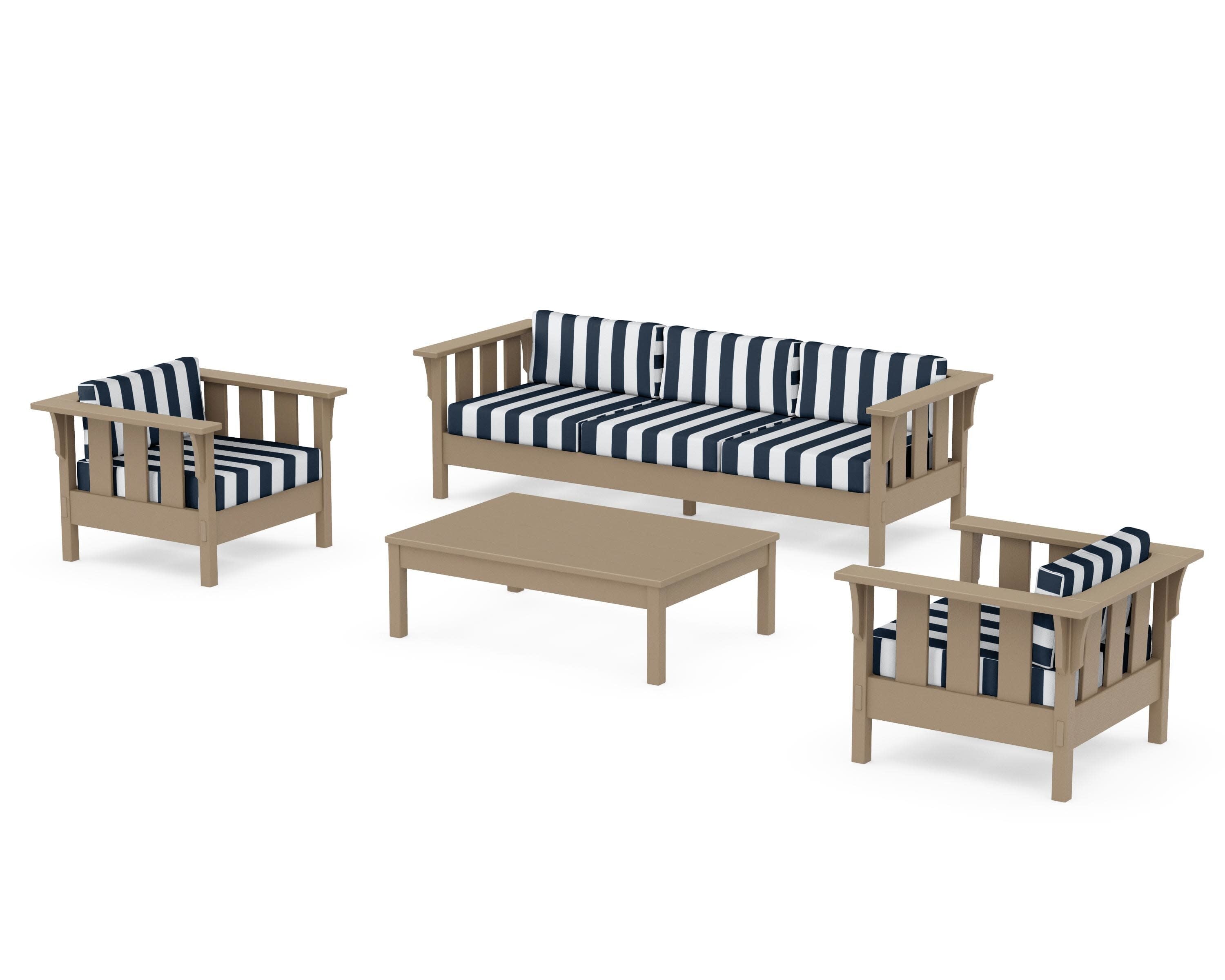 Acadia 4-Piece Deep Seating Set with Sofa in Vintage Sahara / Cabana Stripe Marine Indigo