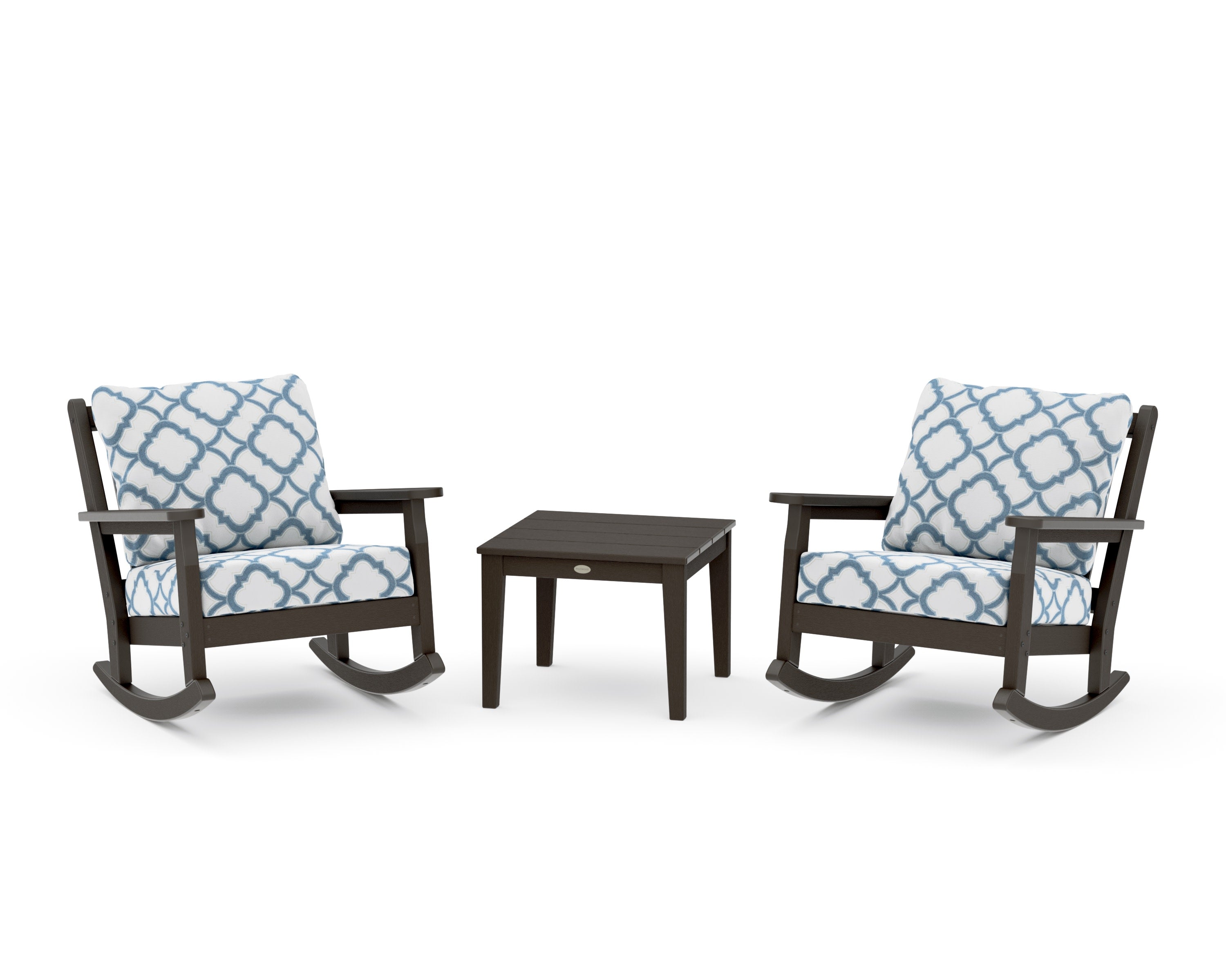 Chippendale 3-Piece Deep Seating Rocker Set in Vintage Coffee / Trellis Sky Blue