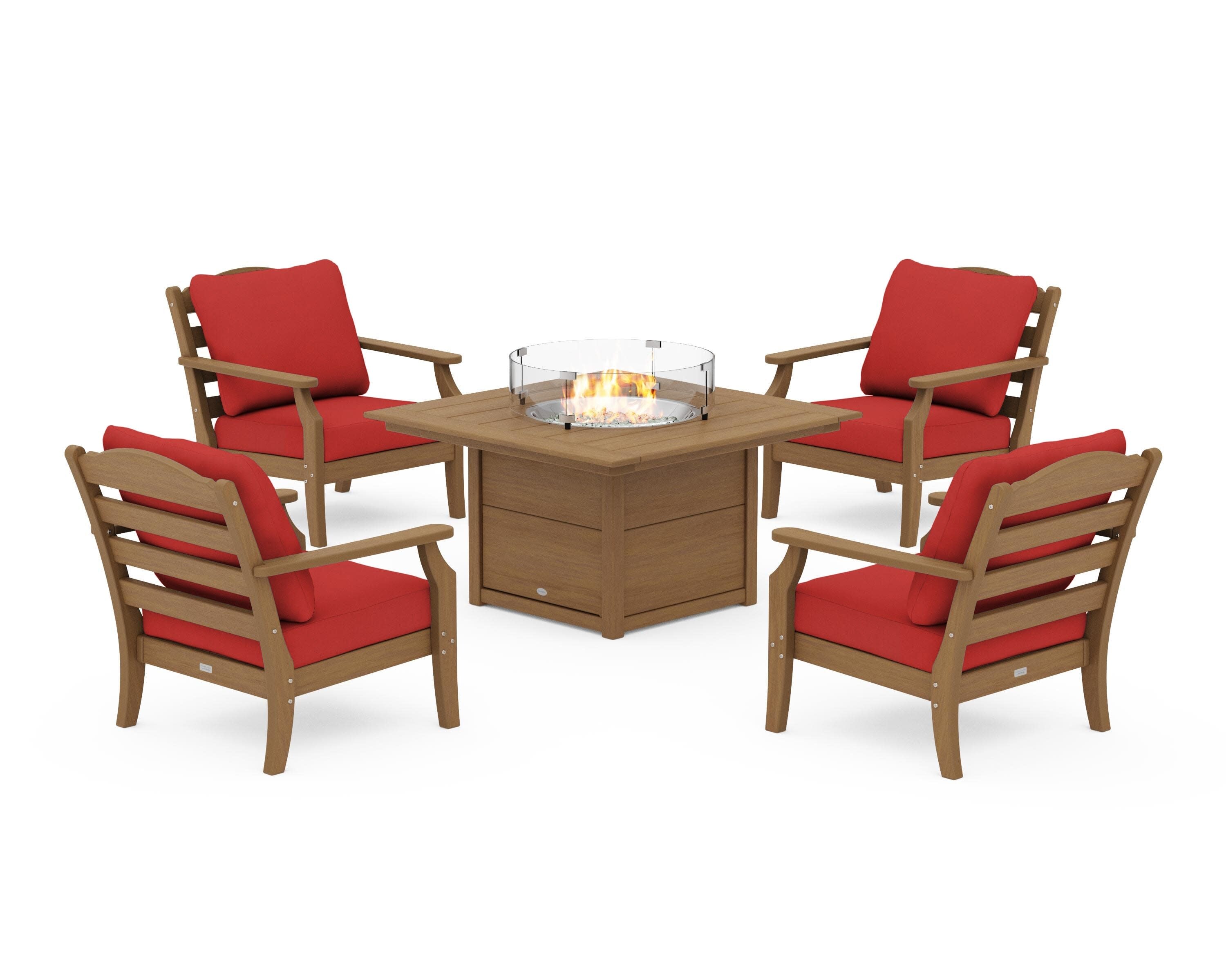 Savannah 5-Piece Deep Seating Set with Fire Pit Table in Natural / Crimson Linen