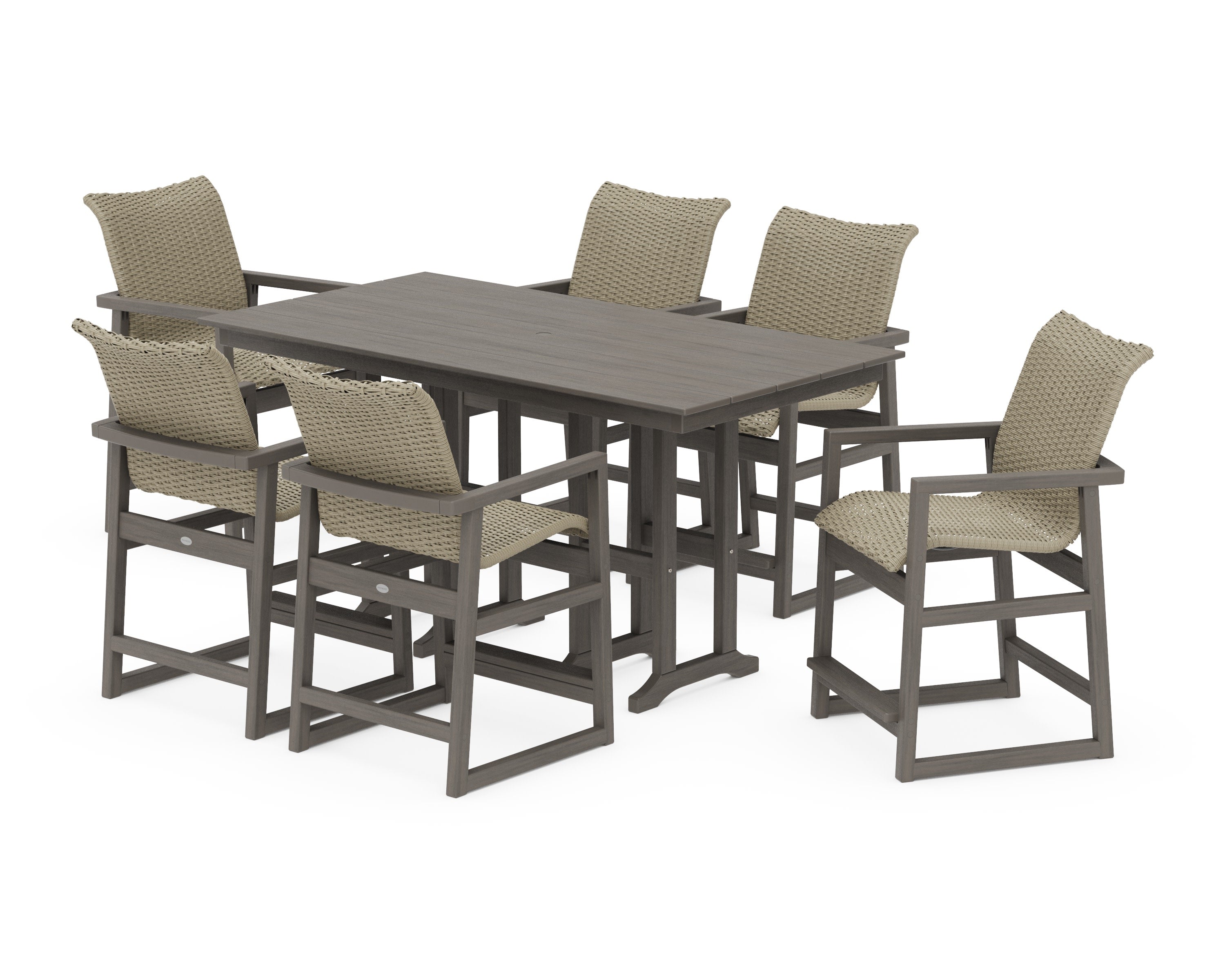EDGE Woven Arm Chair 7-Piece Farmhouse Counter Set in Driftwood / Dune Grass