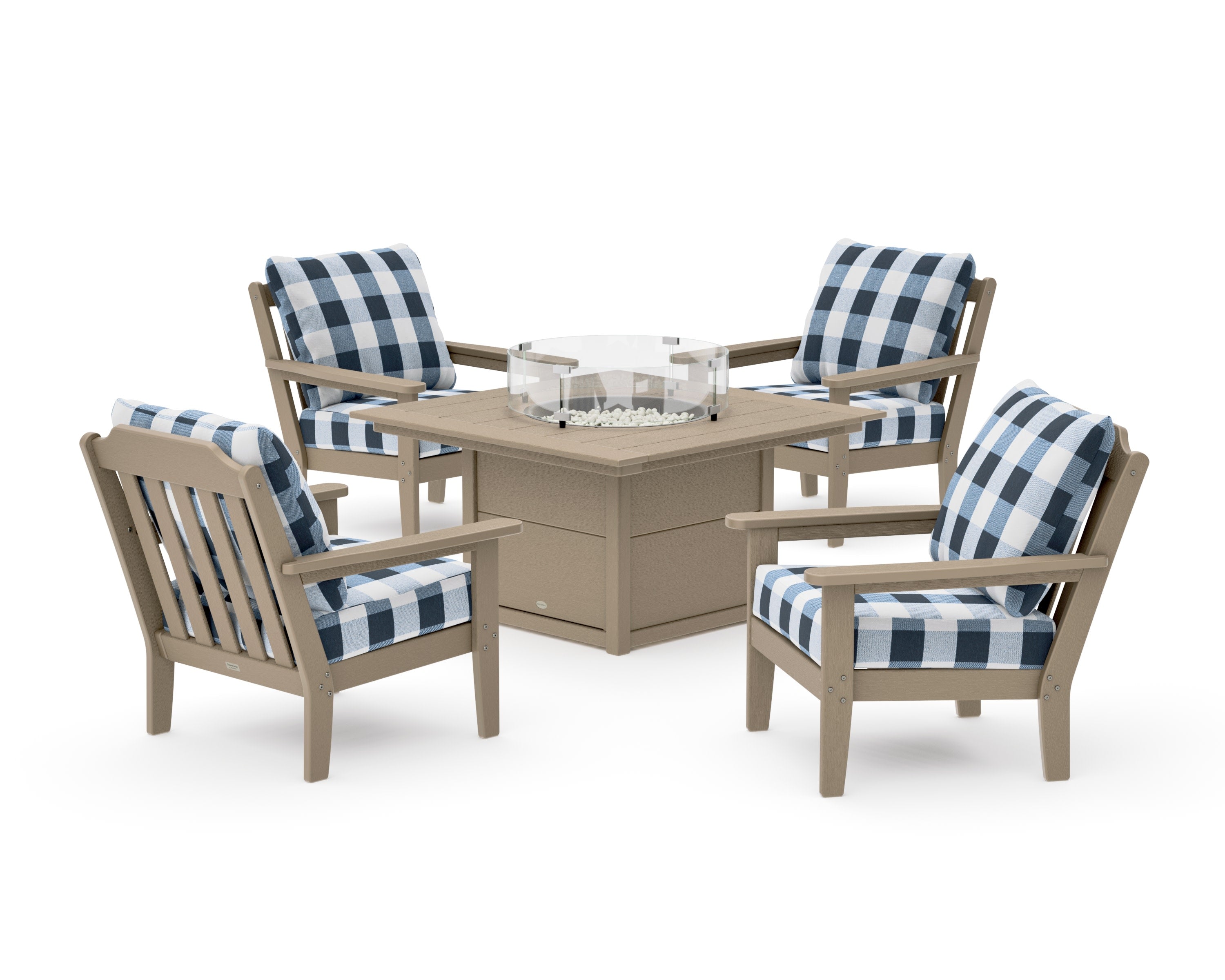 Cottage 5-Piece Deep Seating Set with Fire Pit Table in Vintage Sahara / Buffalo Plaid Marine Indigo
