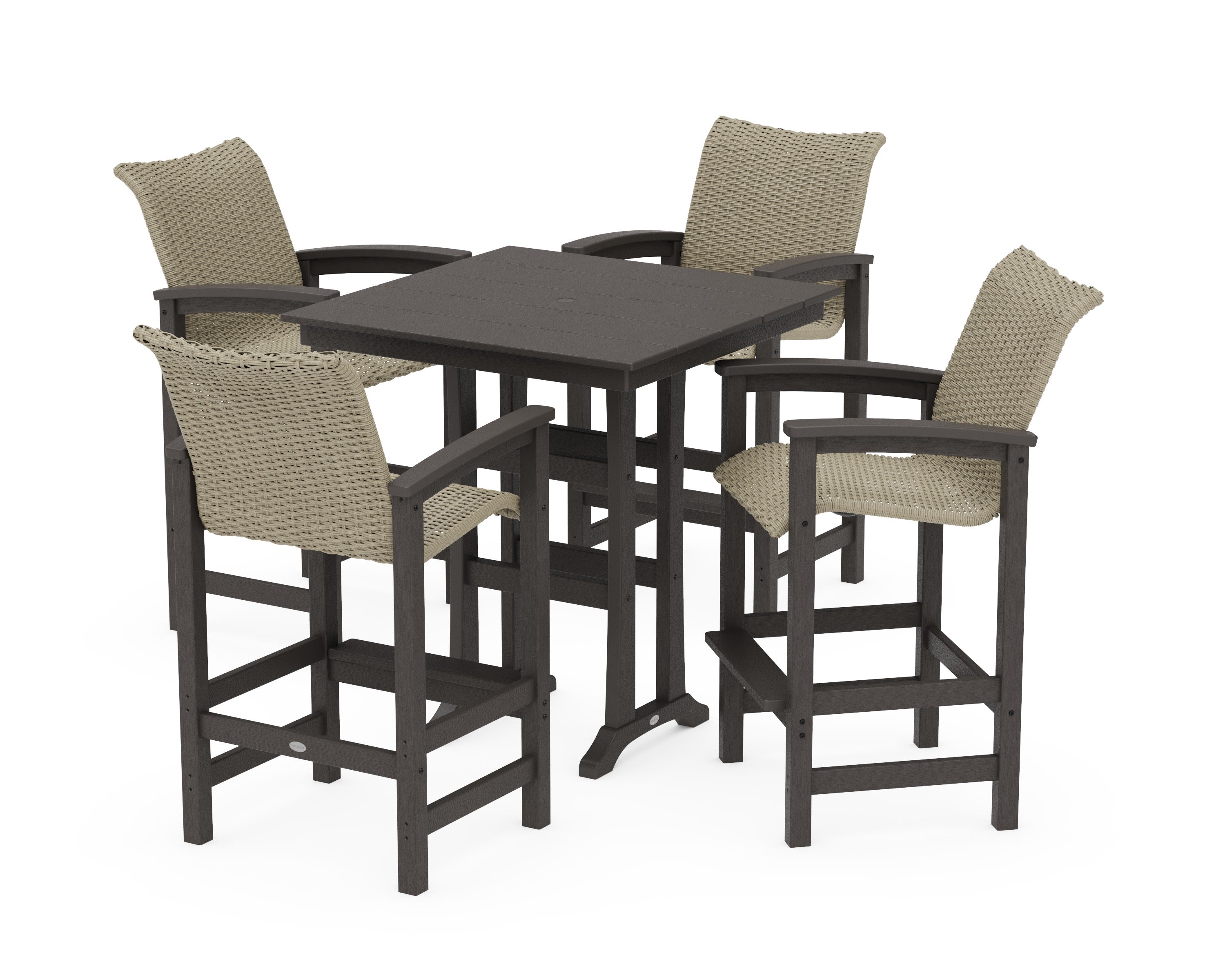 Coastal Woven 5-Piece Farmhouse Bar Set with Trestle Legs in Vintage Coffee / Dune Grass