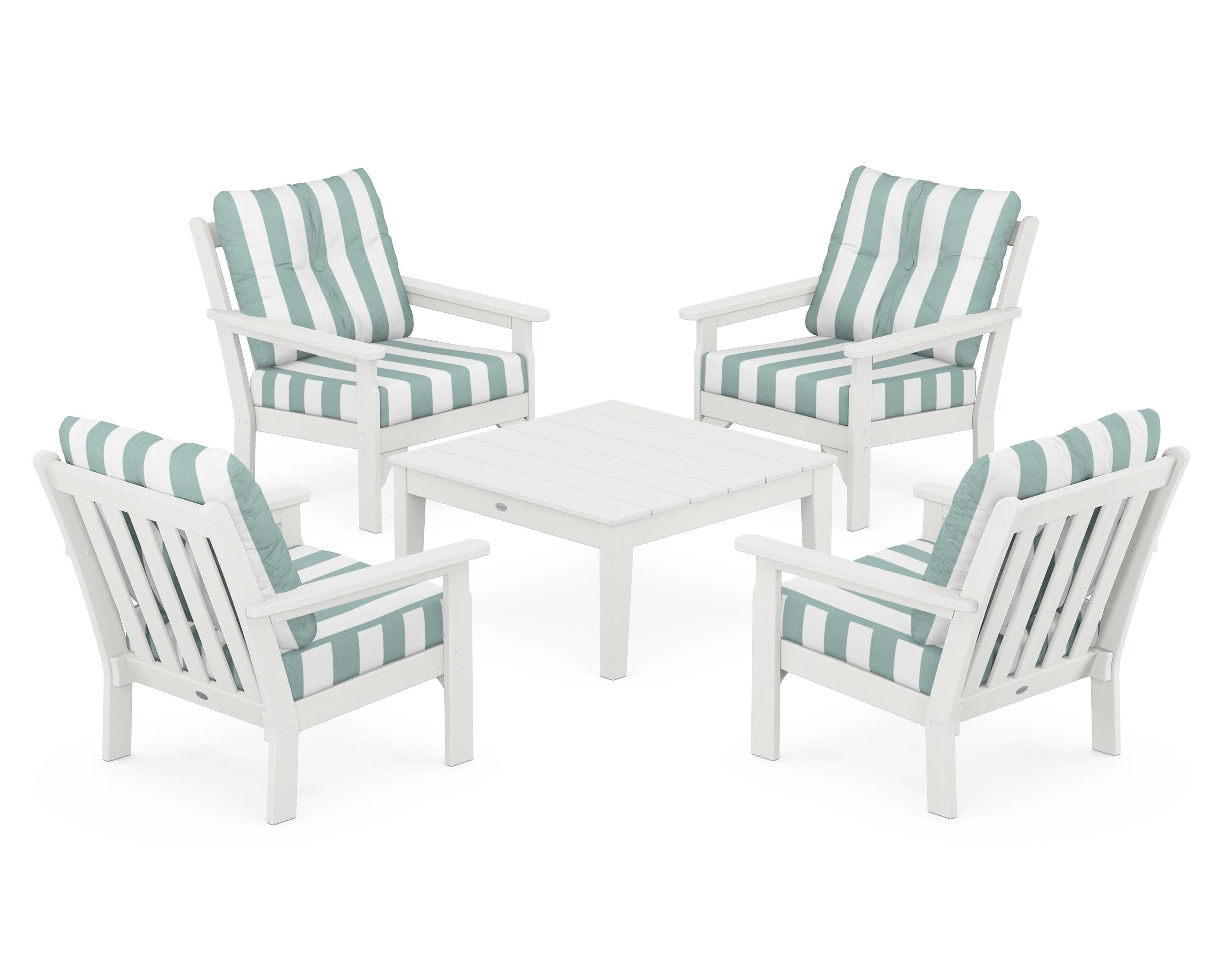 Vineyard 5-Piece Deep Seating Conversation Set in Vintage White / Cabana Stripe Glacier Spa