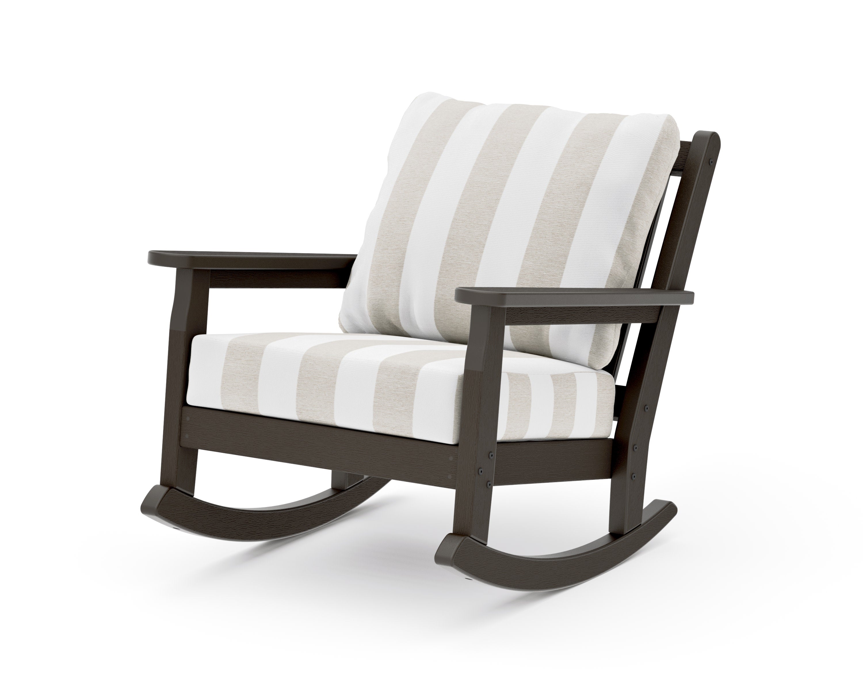 Chippendale Deep Seating Rocking Chair in Vintage Coffee / Cabana Stripe Dune Burlap