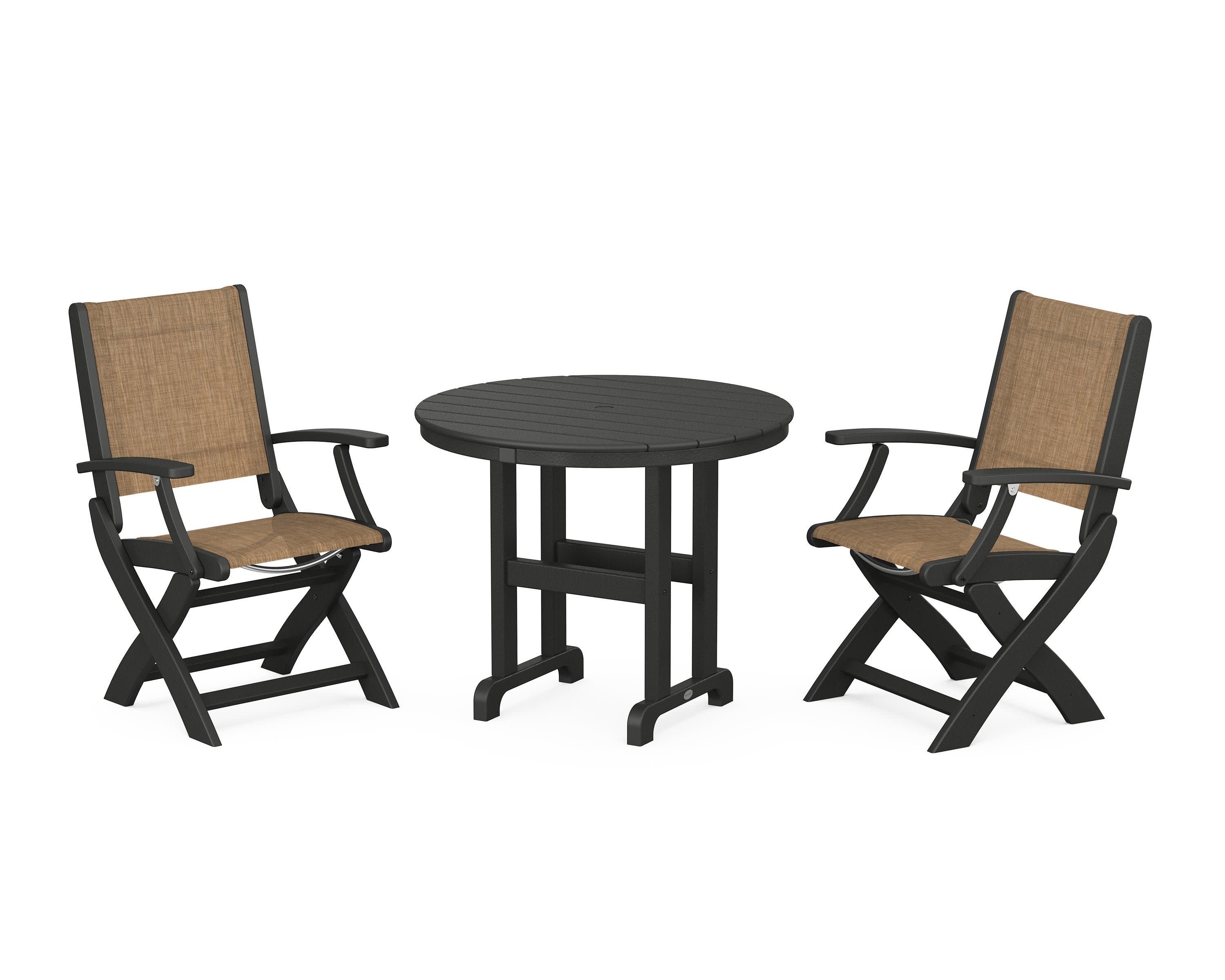 Coastal Folding Chair 3-Piece Round Dining Set in Black / Burlap Sling