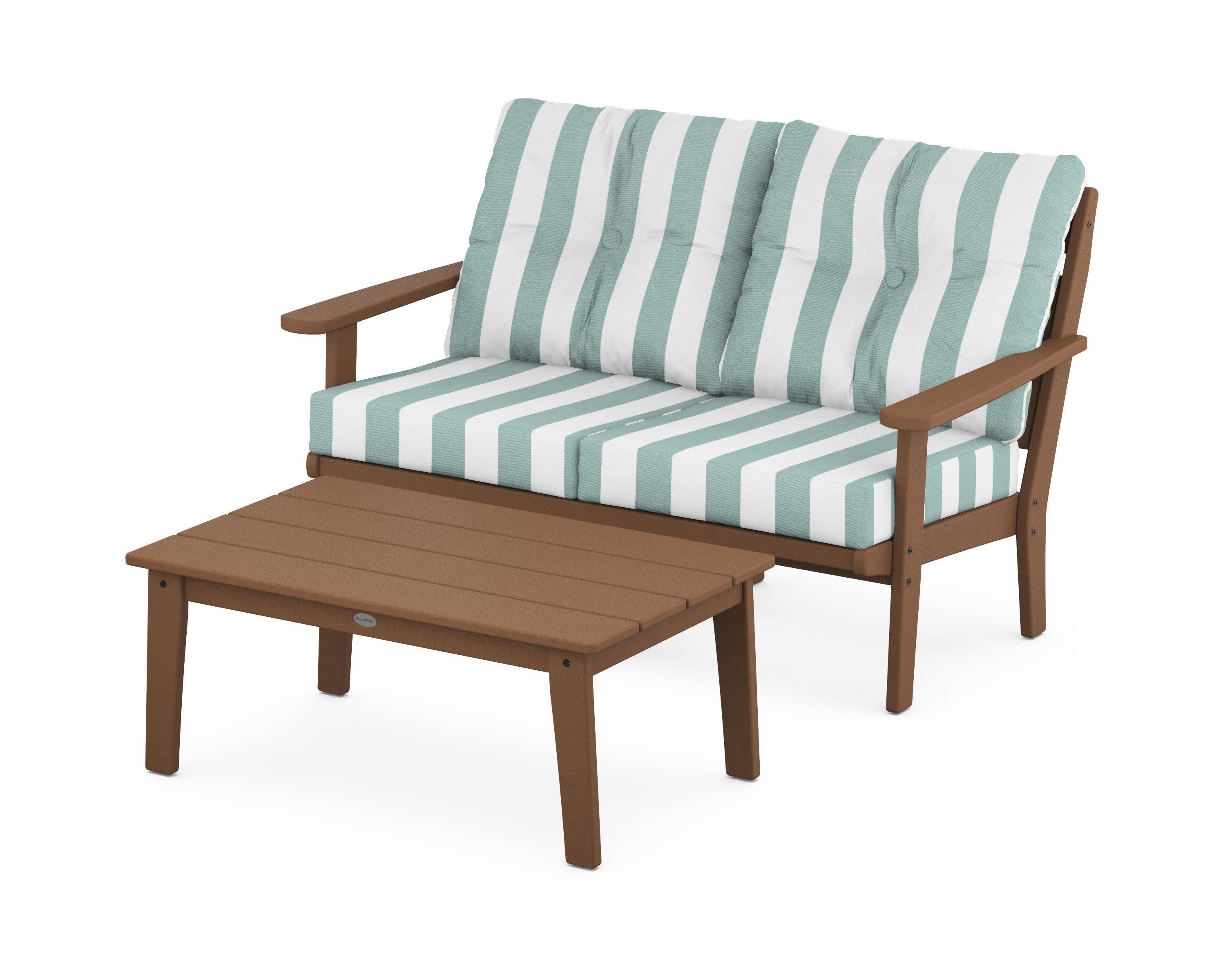 Lakeside 2-Piece Lounge Loveseat Set in Teak / Cabana Stripe Glacier Spa
