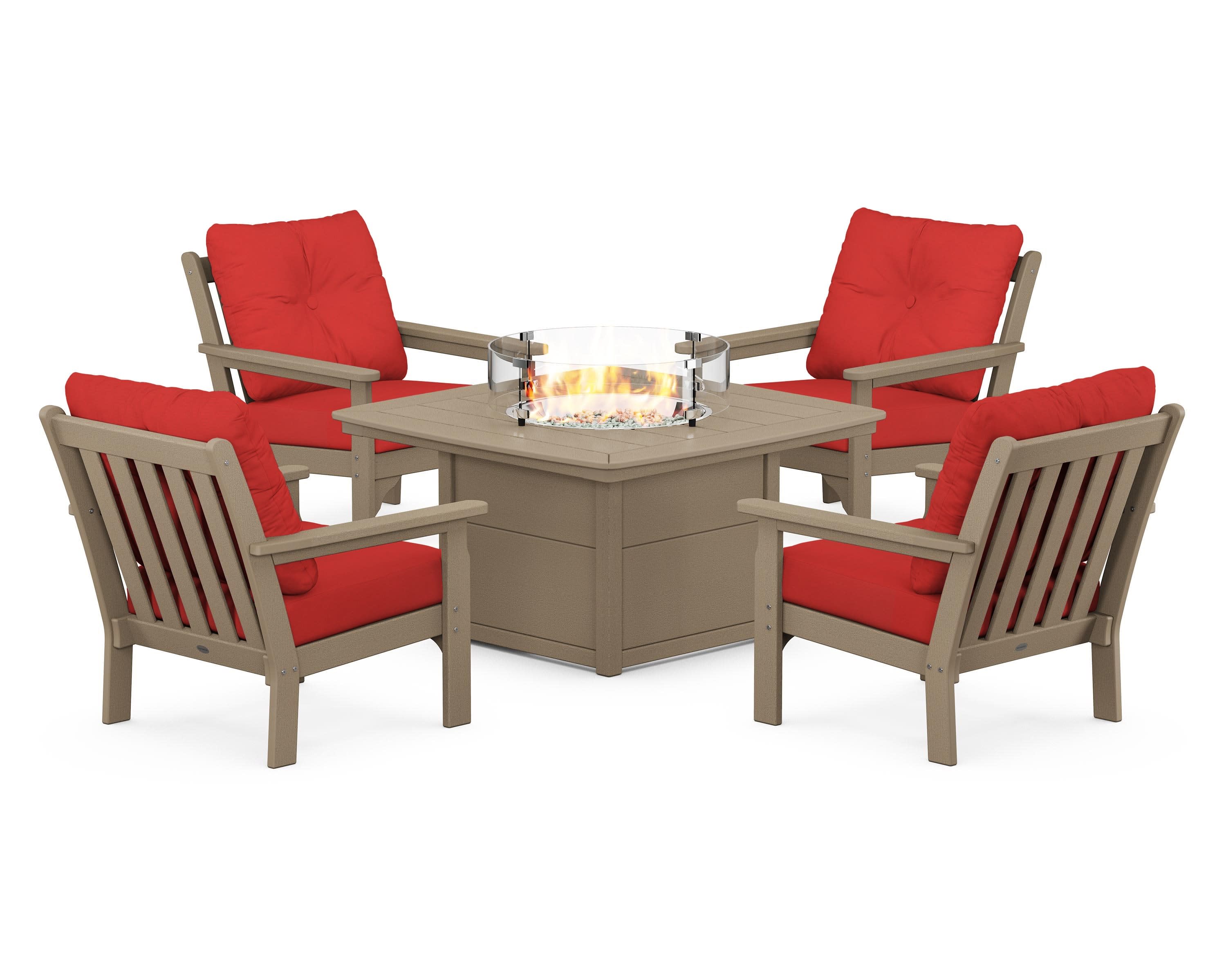 Vineyard 5-Piece Conversation Set with Fire Pit Table in Vintage Sahara / Crimson Linen