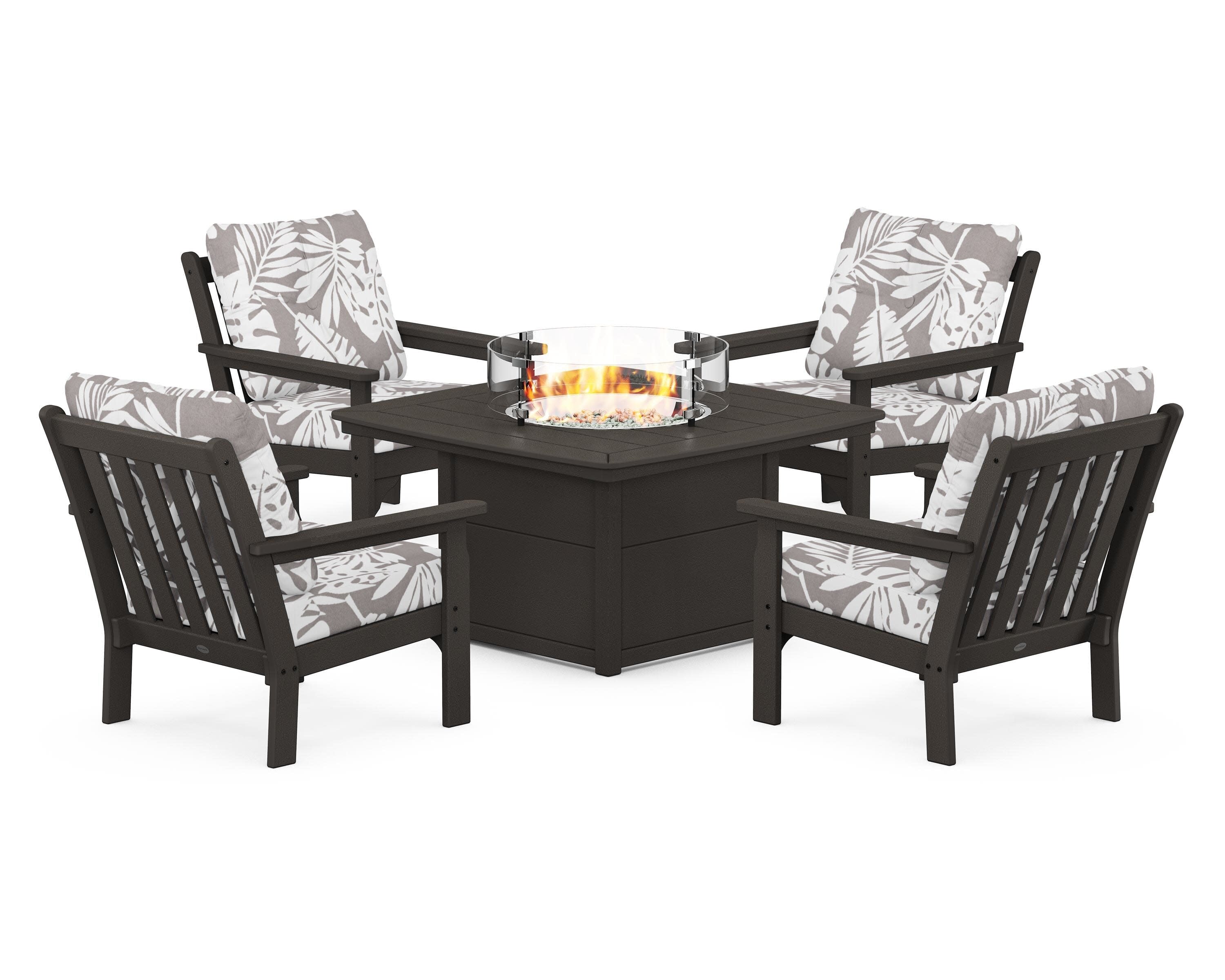 Vineyard 5-Piece Conversation Set with Fire Pit Table in Vintage Coffee / Leaf Grey Mist