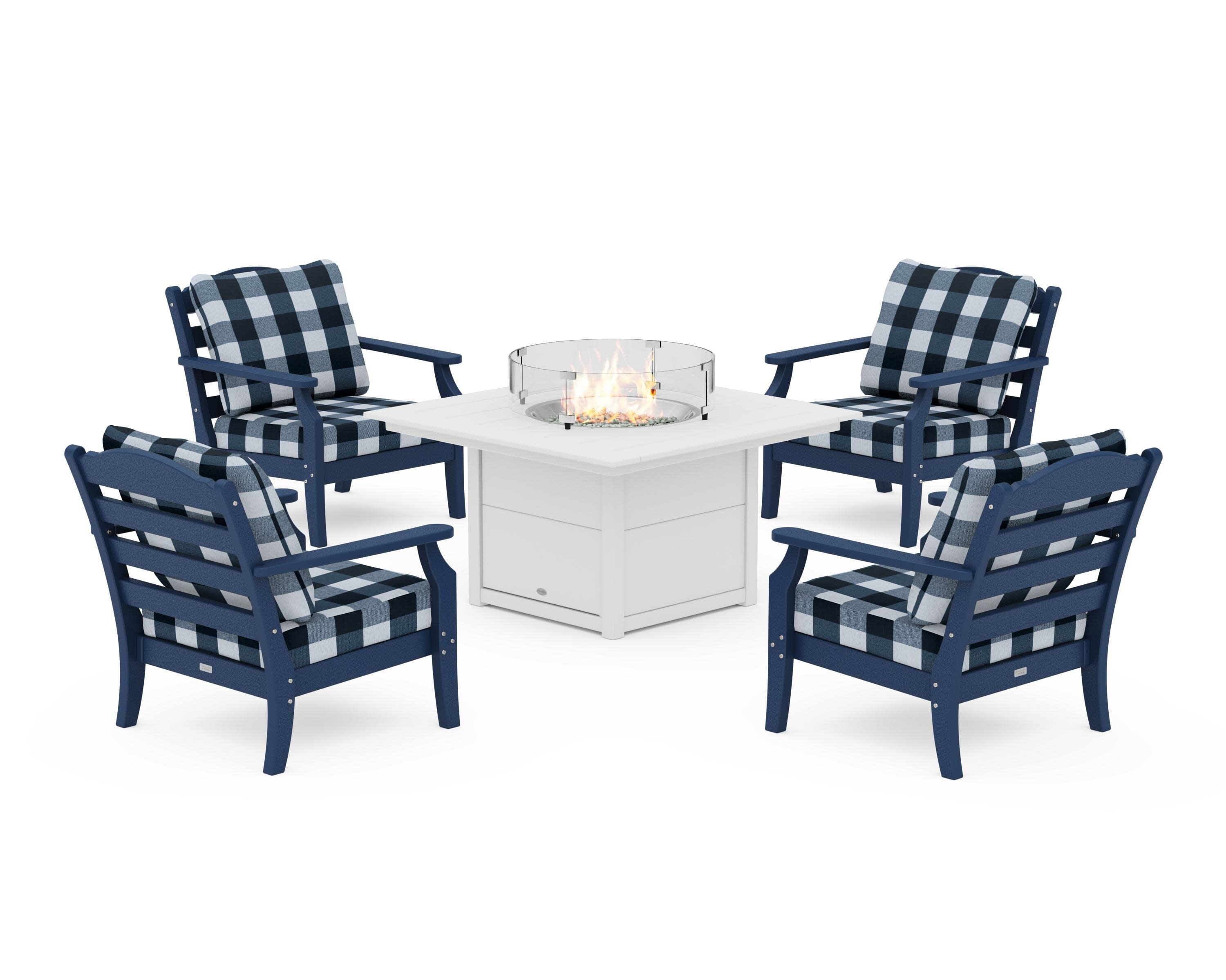 Savannah 5-Piece Deep Seating Set with Fire Pit Table in Navy / Buffalo Plaid Marine Indigo