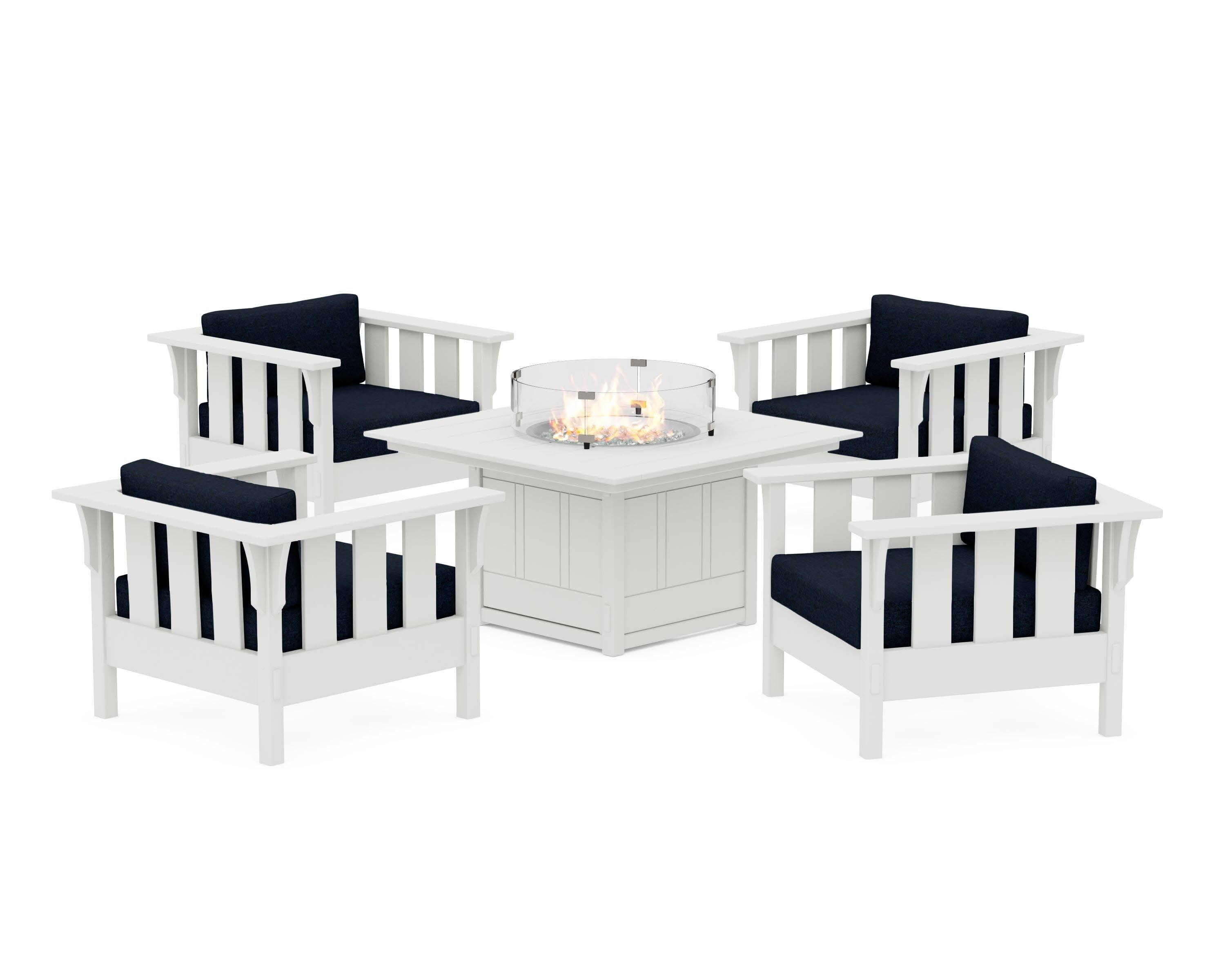 Acadia 5-Piece Deep Seating Set with Fire Pit Table in Vintage White / Marine Indigo