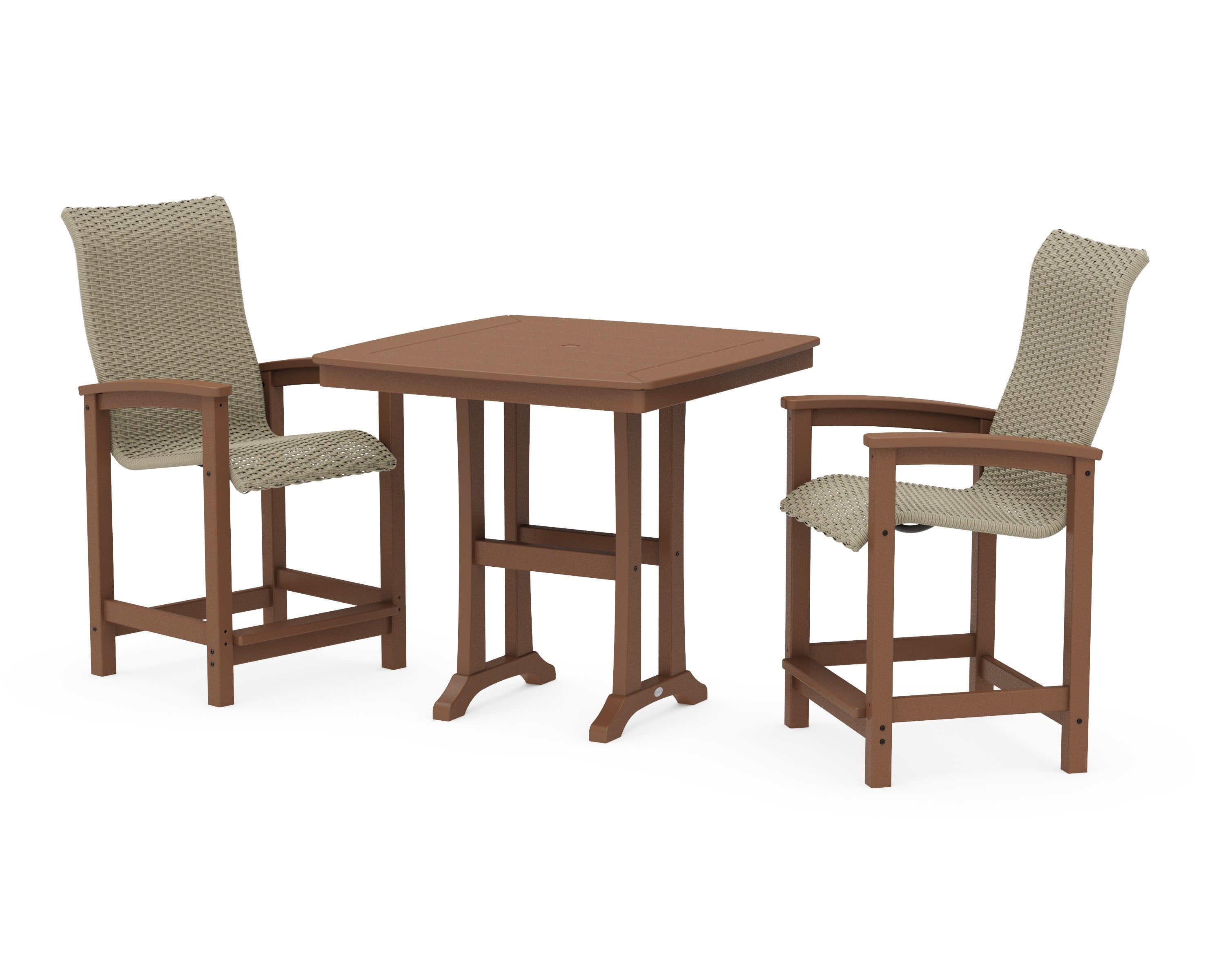 Coastal Woven High-Back 3-Piece Counter Set with Trestle Legs in Teak / Dune Grass