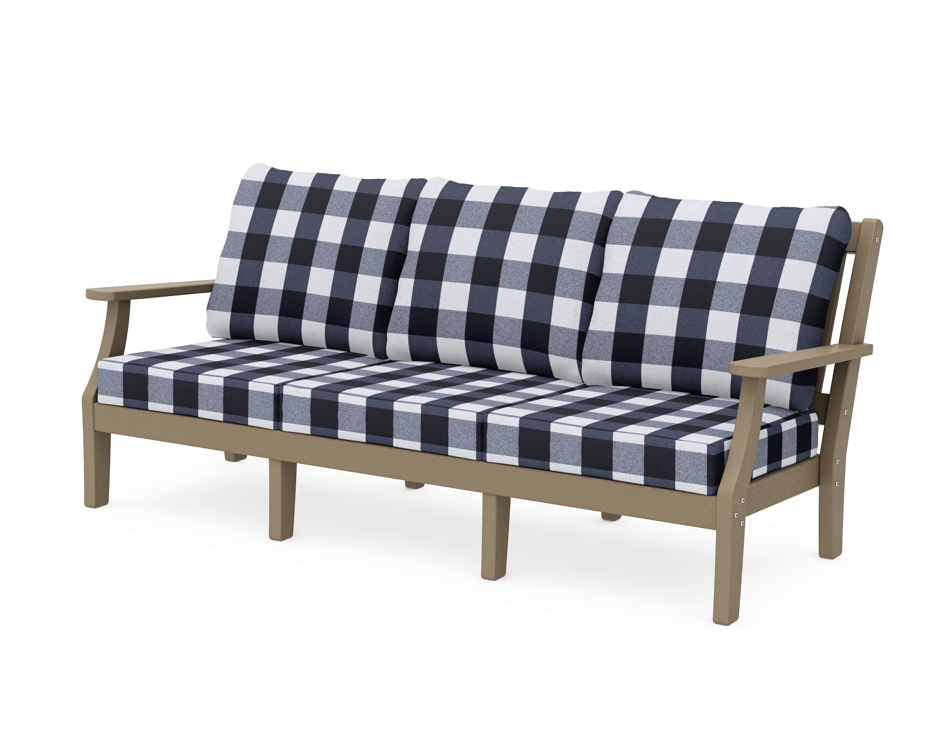 Chinoiserie Deep Seating Sofa in Vintage Sahara / Buffalo Plaid Marine Indigo