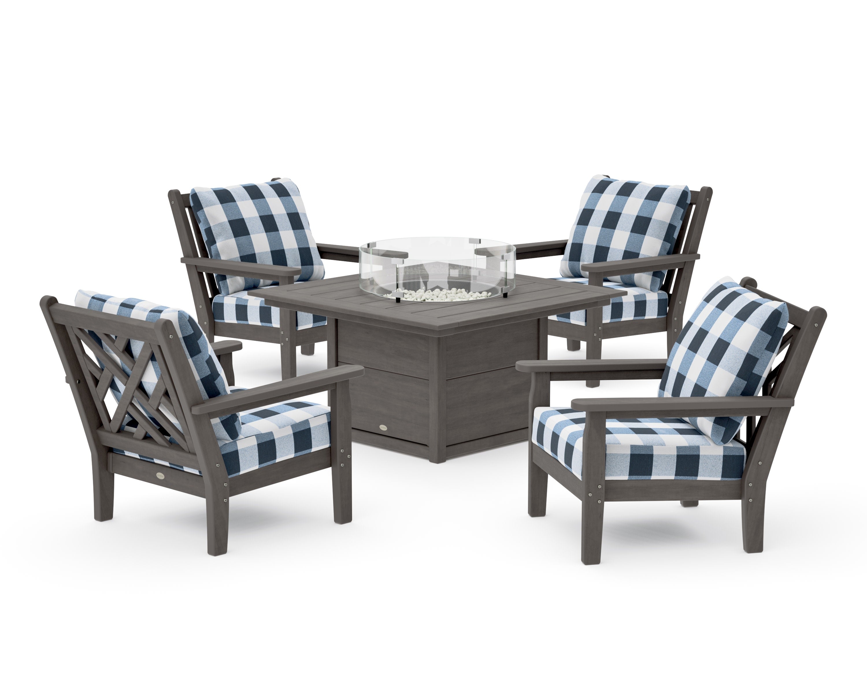 Chippendale 5-Piece Deep Seating Set with Fire Pit Table in Driftwood / Buffalo Plaid Marine Indigo