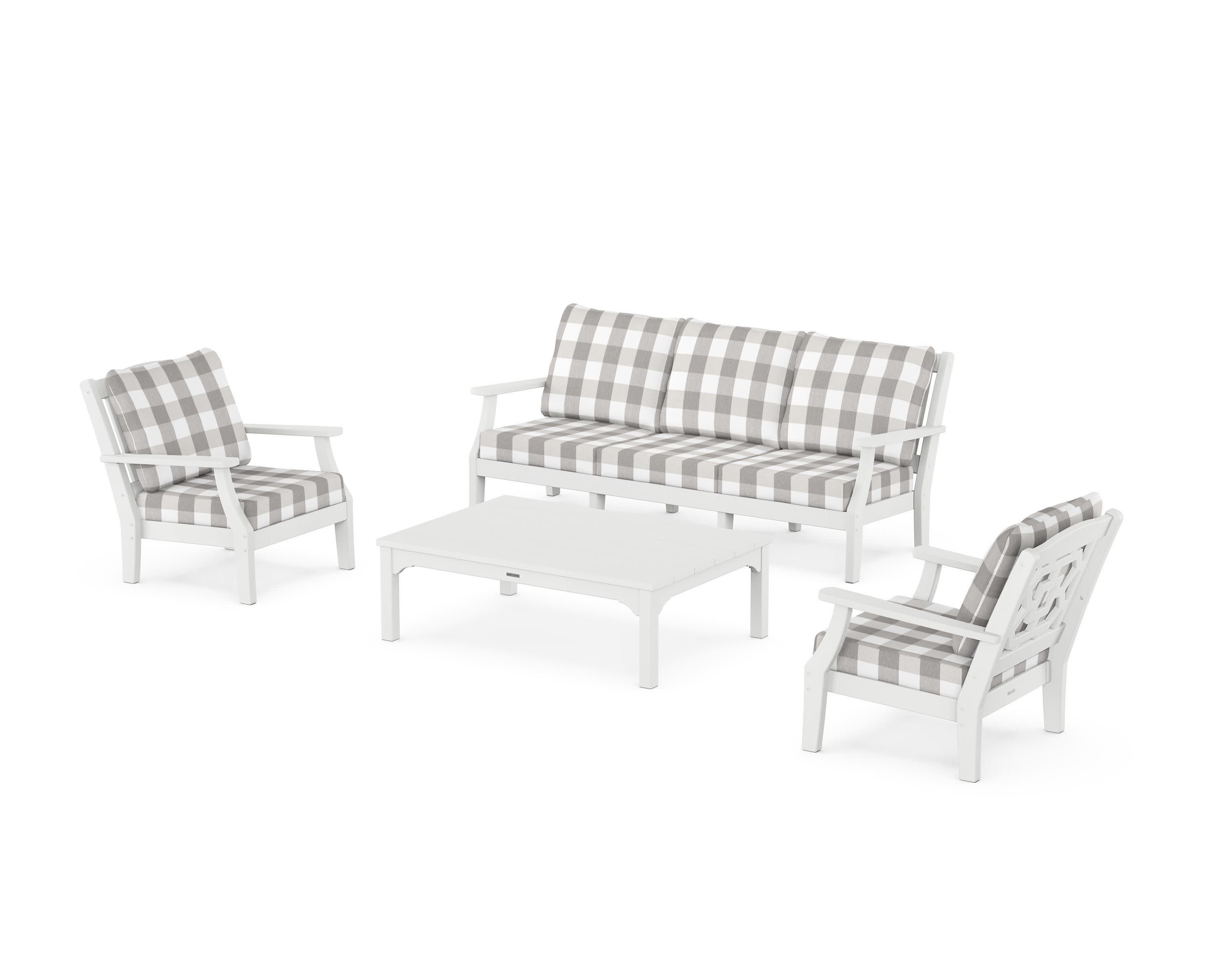 Chinoiserie 4-Piece Deep Seating Set with Sofa in White / Buffalo Plaid Grey Mist