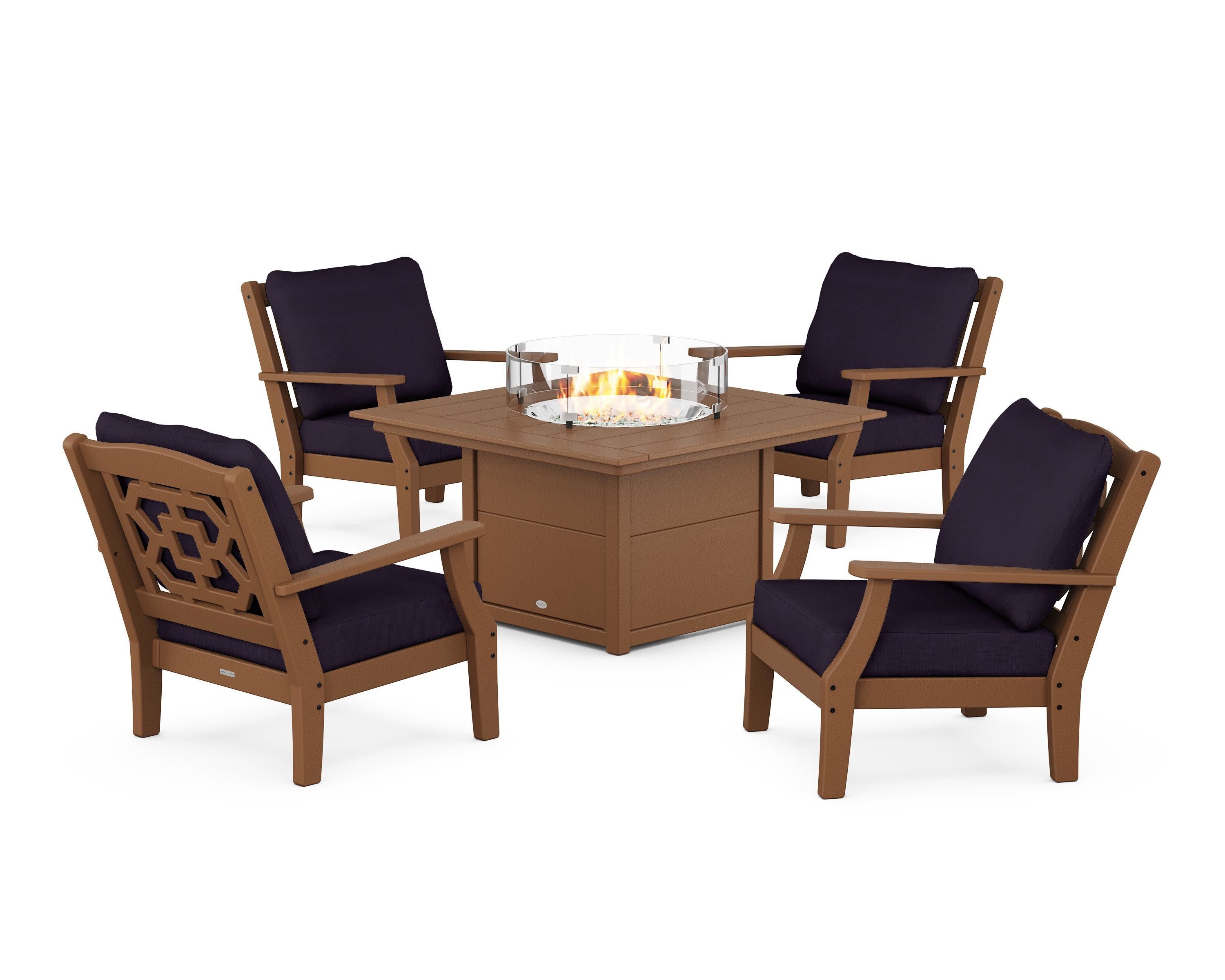 Chinoiserie 5-Piece Deep Seating Set with Fire Pit Table in Teak / Navy Linen