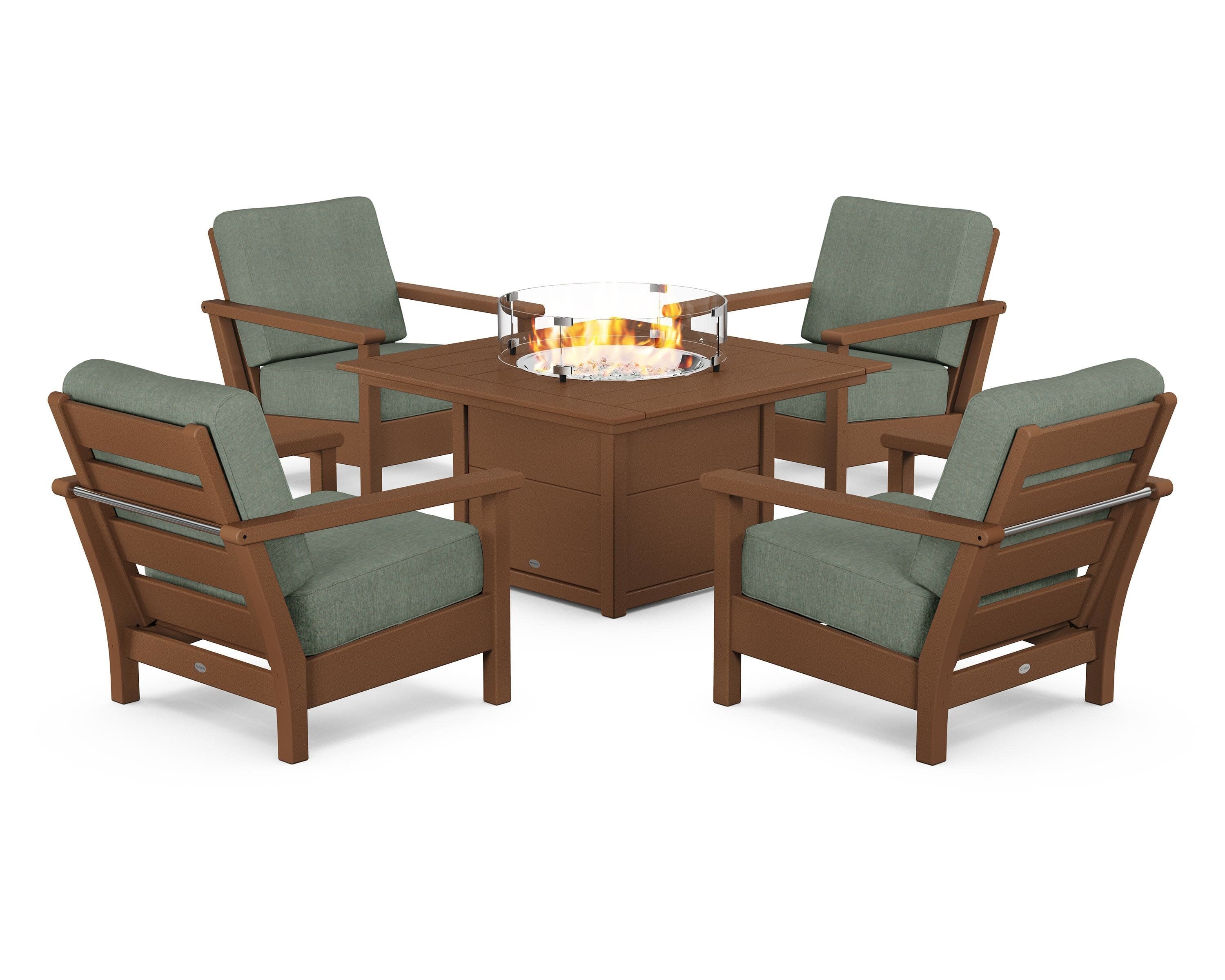 Harbour 5-Piece Conversation Set with Fire Pit Table in Teak / Cast Sage