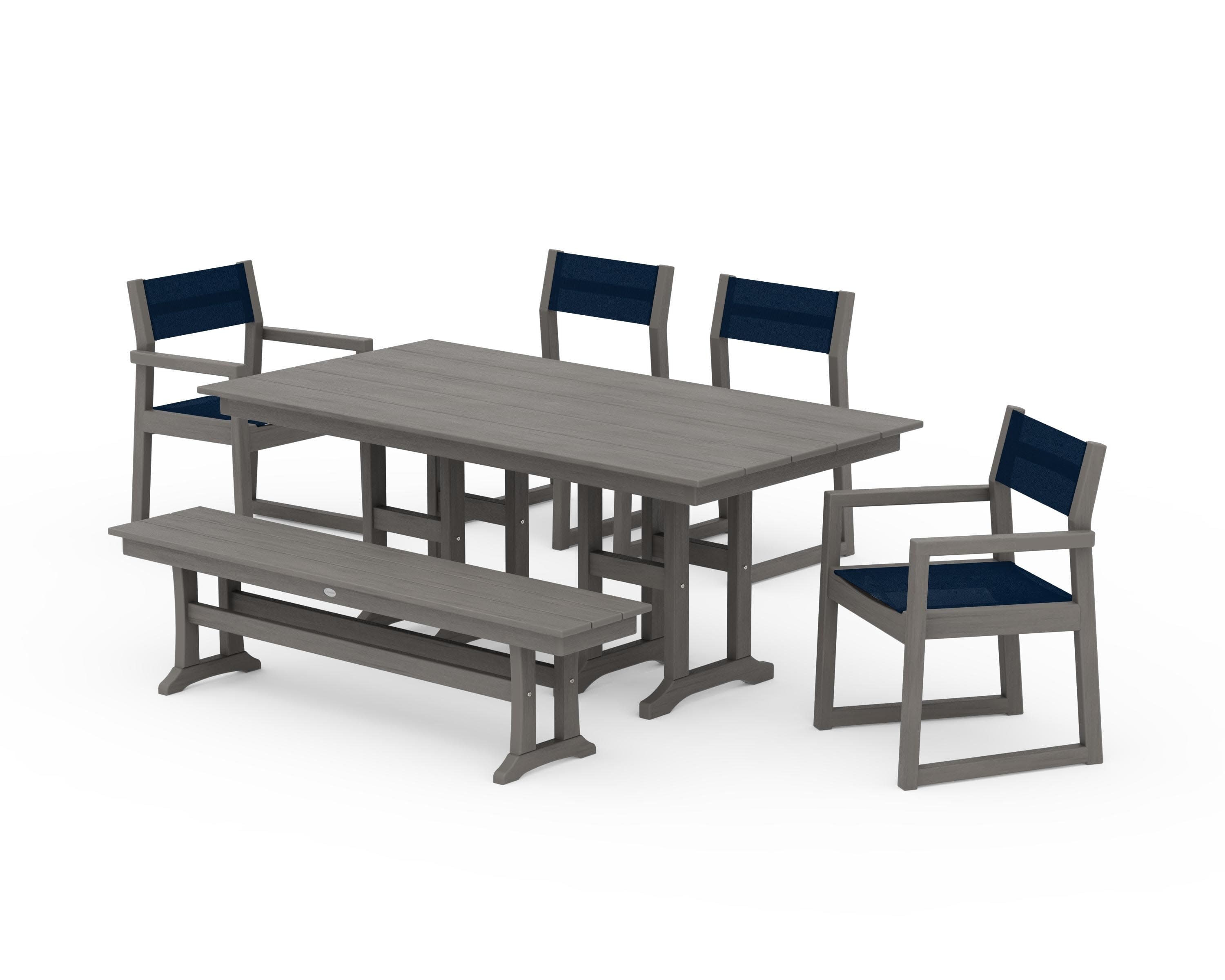 EDGE Sling 6-Piece Farmhouse Dining Set in Driftwood / Navy Blue Sling