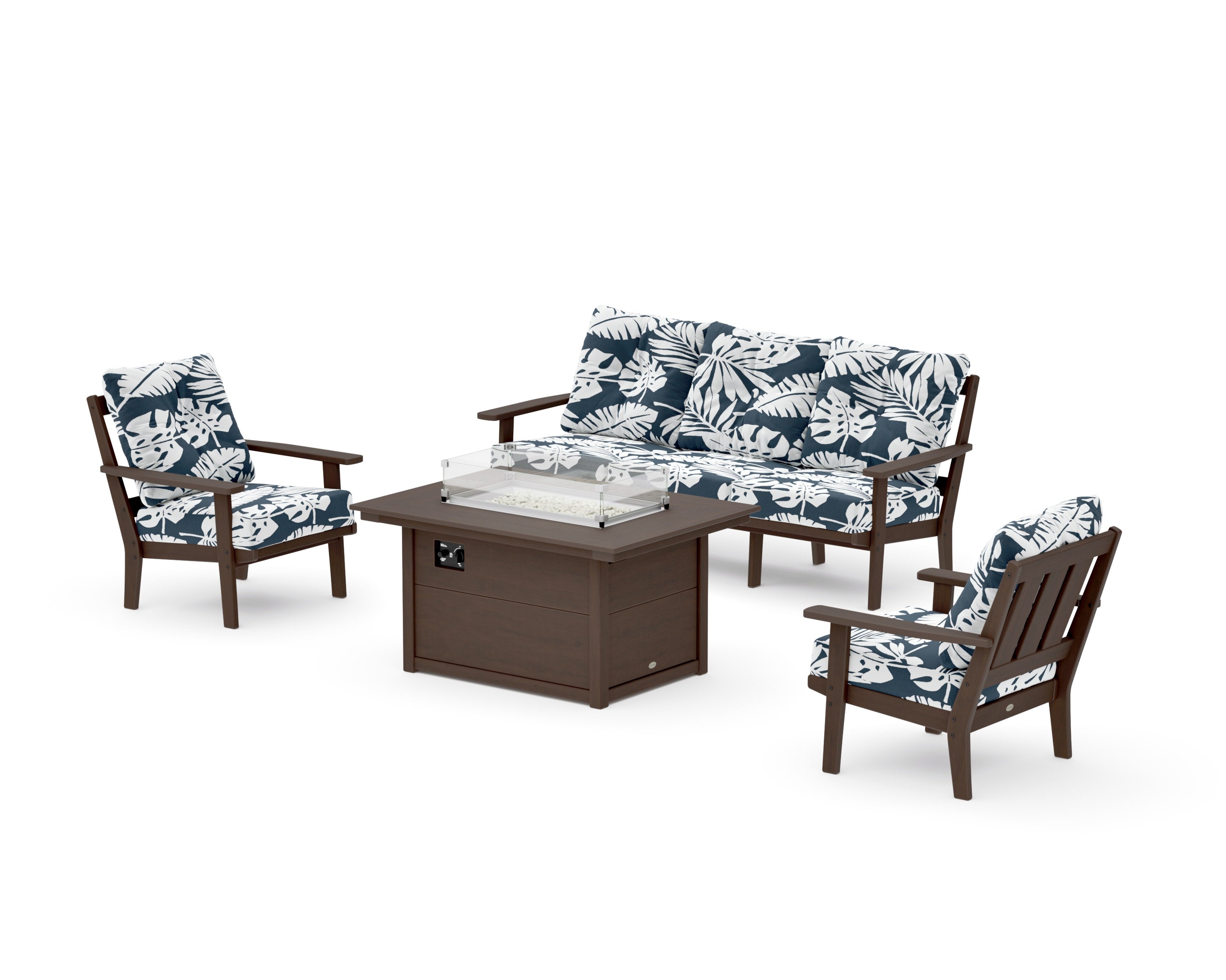 Oxford Deep Seating Fire Pit Table Set in Kona / Leaf Marine Indigo