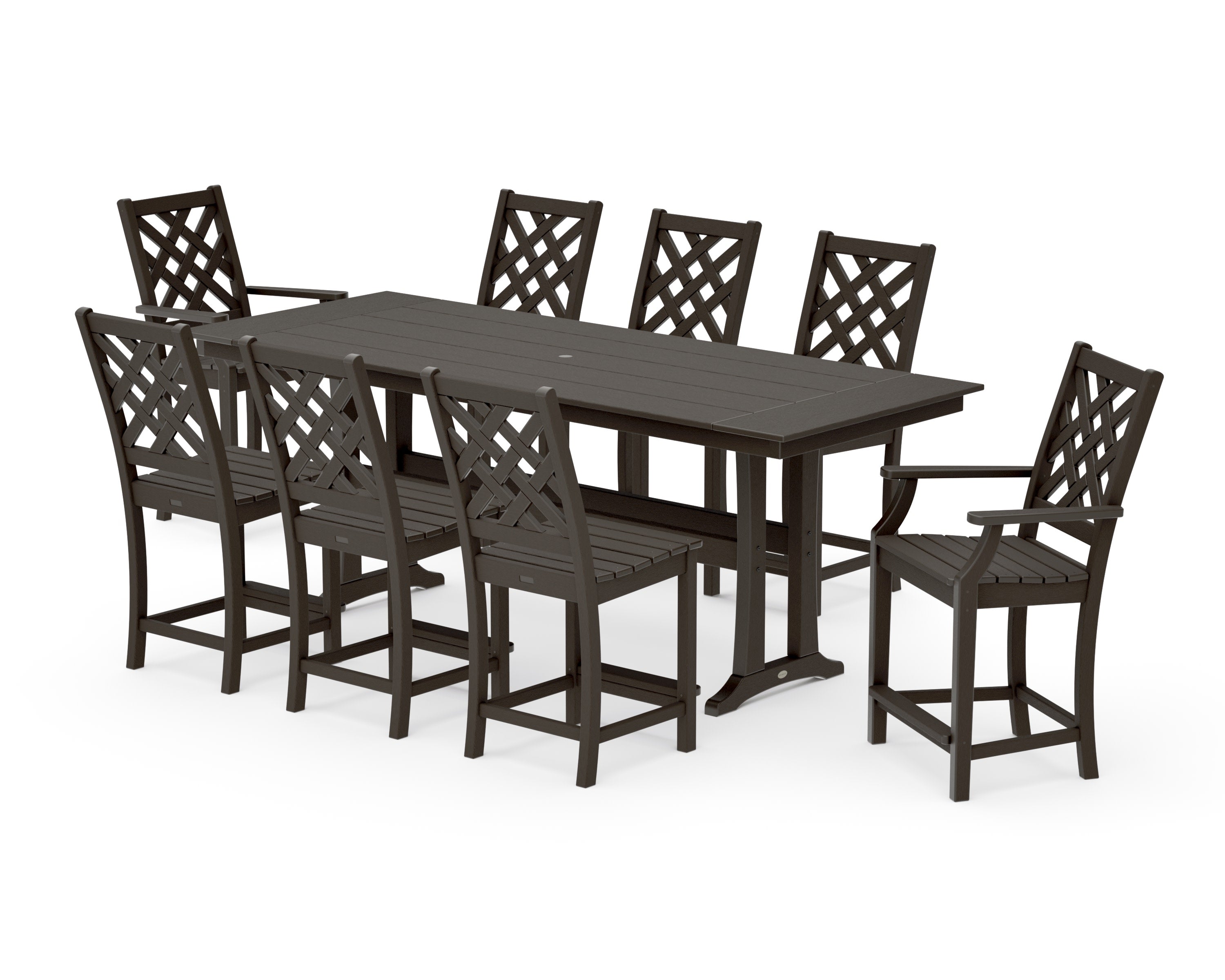 Wovendale 9-Piece Farmhouse Counter Set with Trestle Legs in Vintage Coffee